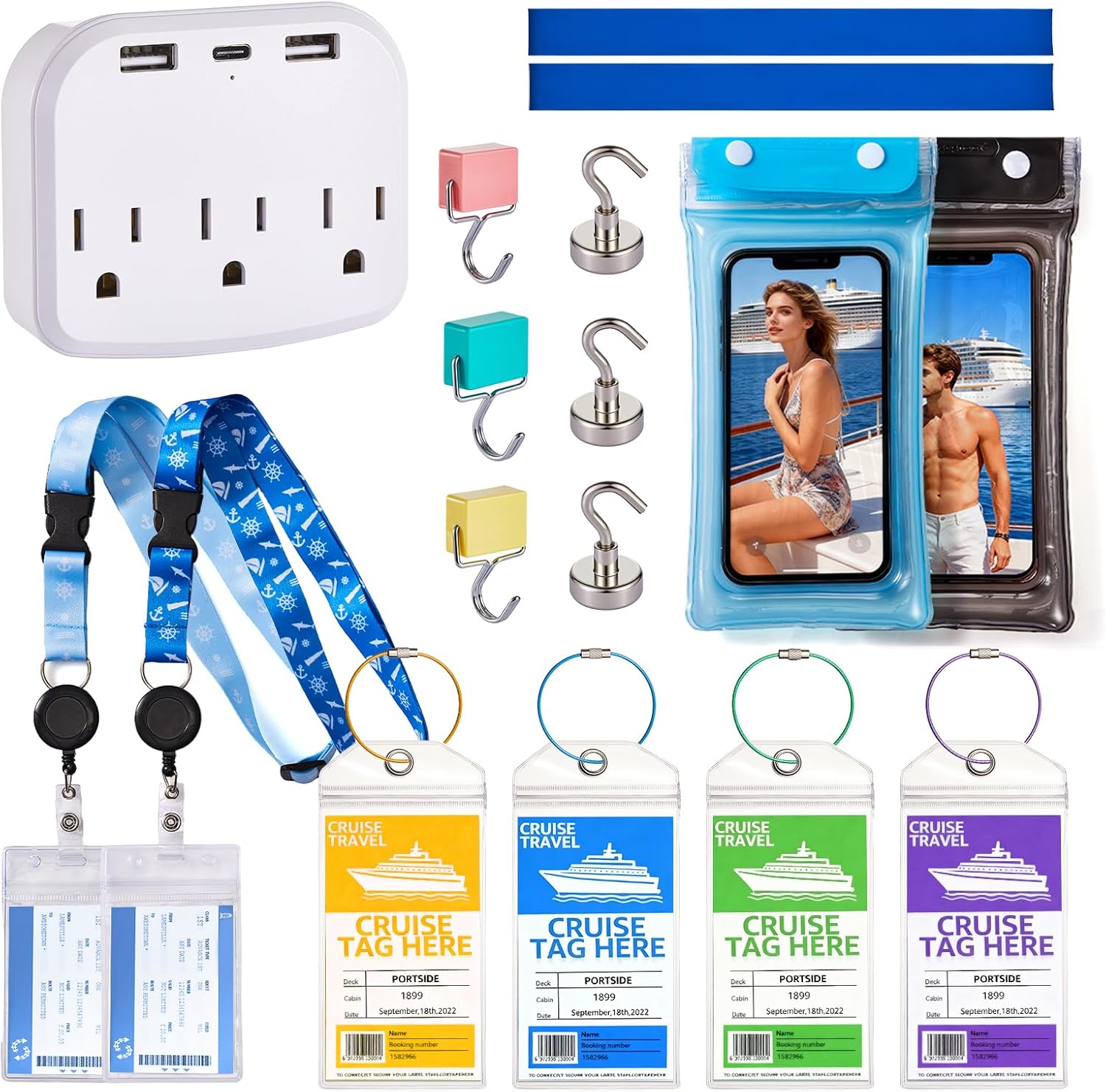 Carnival Cruise Ship Essentials 2025,Cruise Approved Non Surge Power Strip with Cruise Must Haves Kits,Cruise Lanyard for Ship Cards,Magnetic Hooks,Luggage Tags,Towel Bands - Travel Essentials