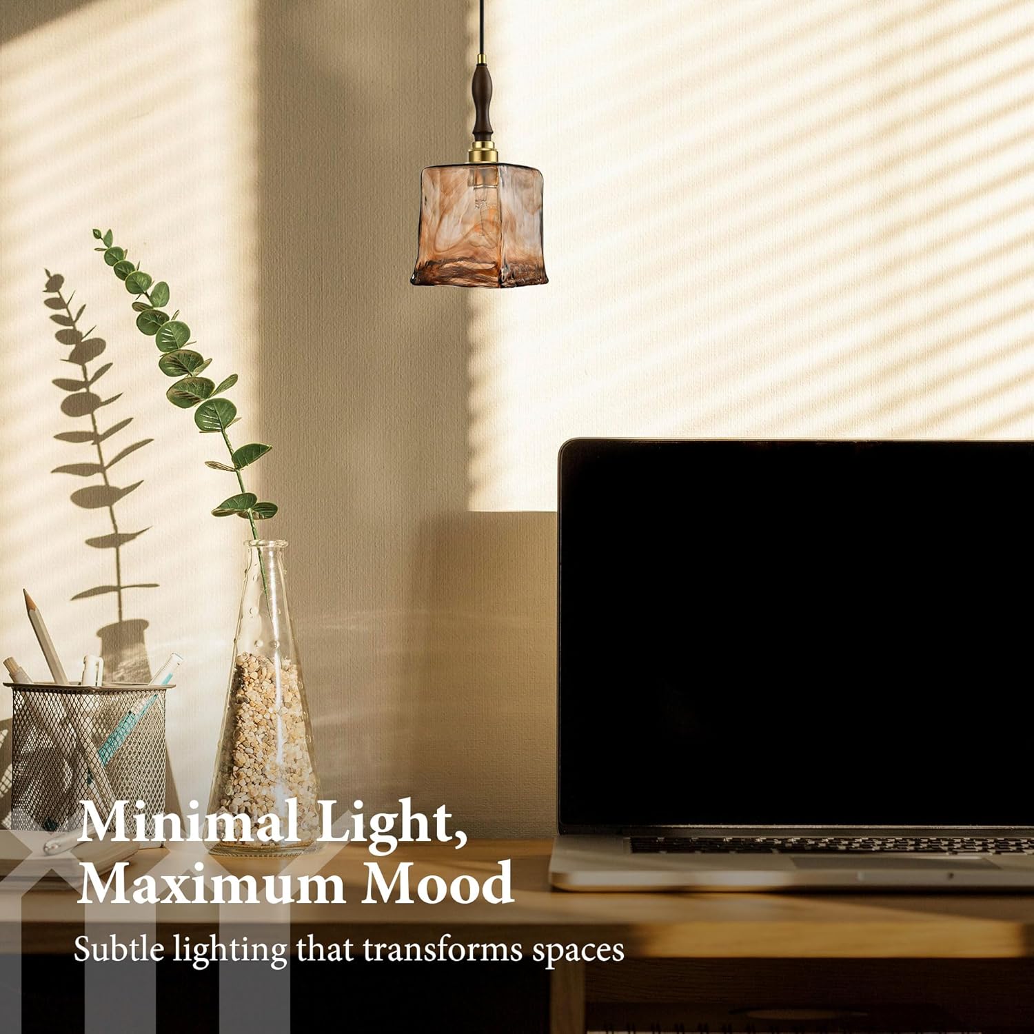 Modern Amber Glass Pendant Light, 5.25"x11.7" Elongated Hanging Fixture with Wood Grip & Brass Accent, 15"-72" Adjustable Line, E26 Socket – Golden Amber Rectangular