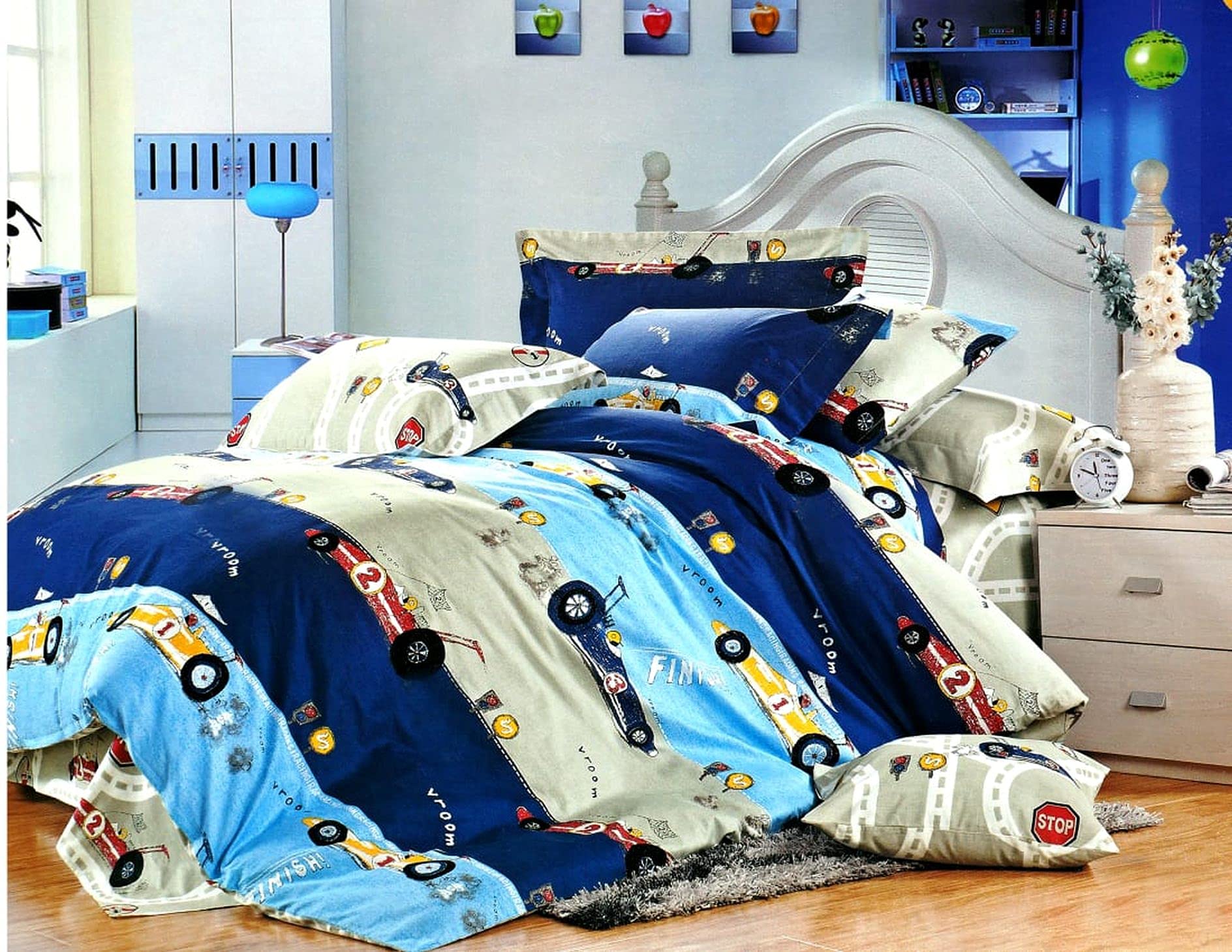 Cairo 180 TC Cotton BedSheet Doble Bed Kids Cartoon Print Sheet with 2 Pillow Covers (Sports Car)-image-42