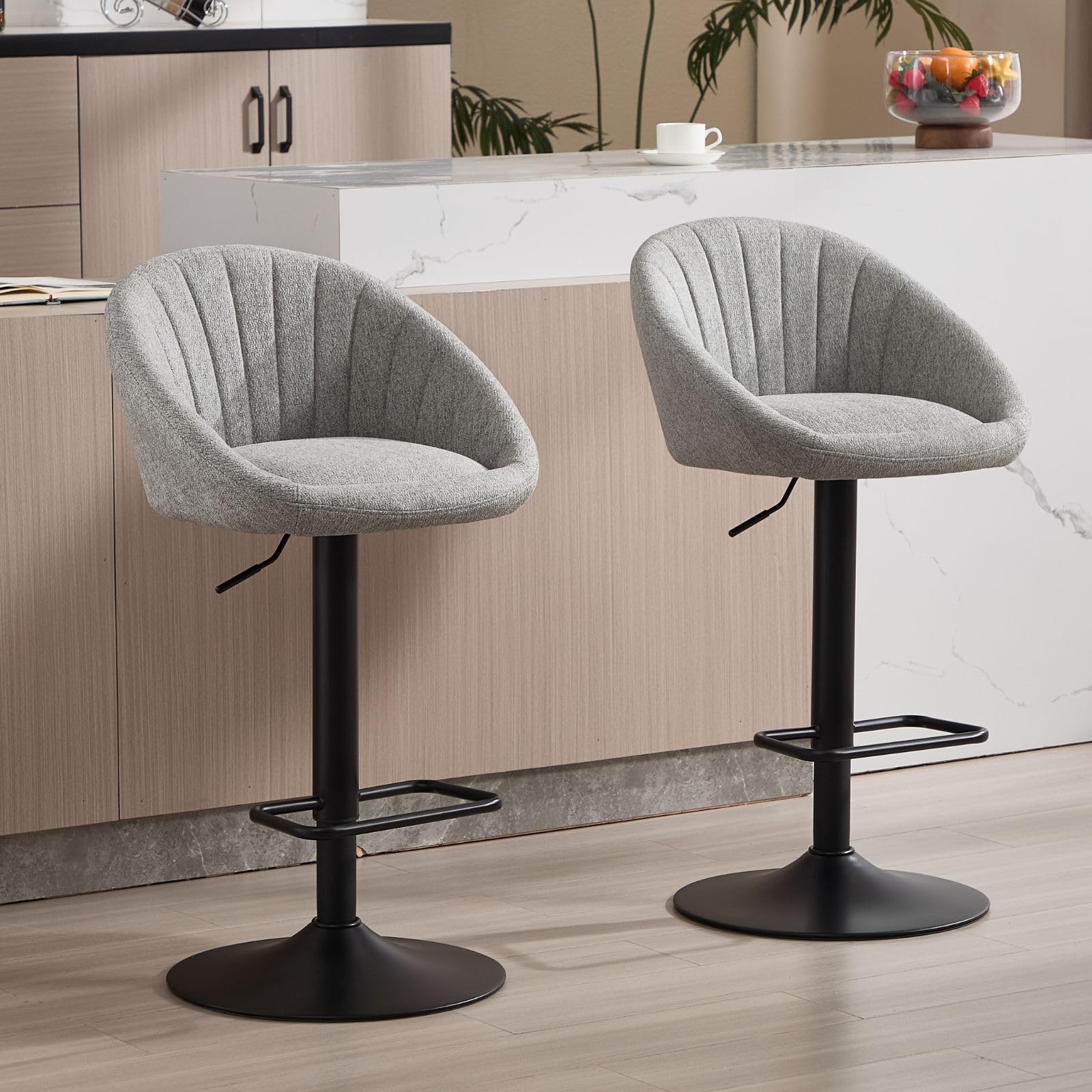 chairus Juego de 2 Sillas de Bar Ajustable en Altura y Giratoria Taburetes de Bar con Respaldo de Concha, Taburetes Altos Tapizados en Tela de Toalla para Isla de Cocina,Gris