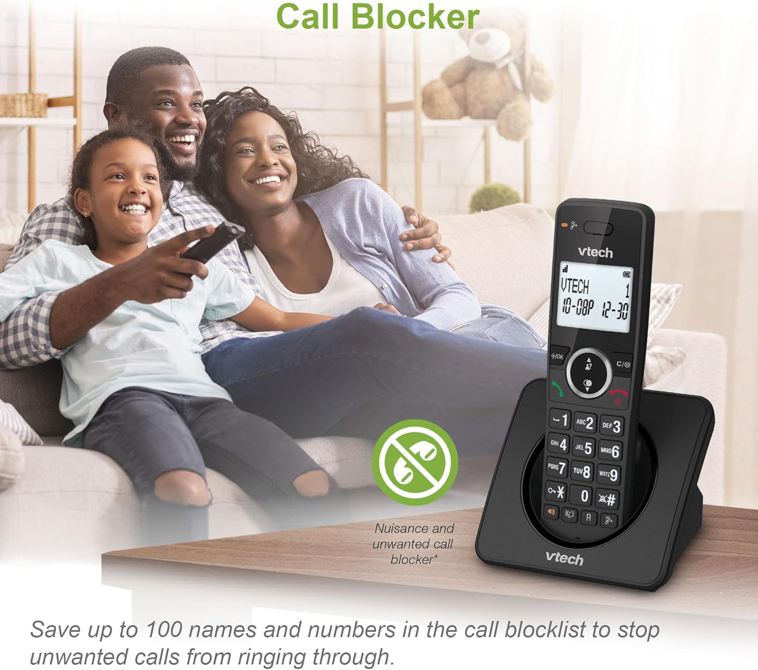 VTech ES2001 handset with call blocker icon and family on sofa