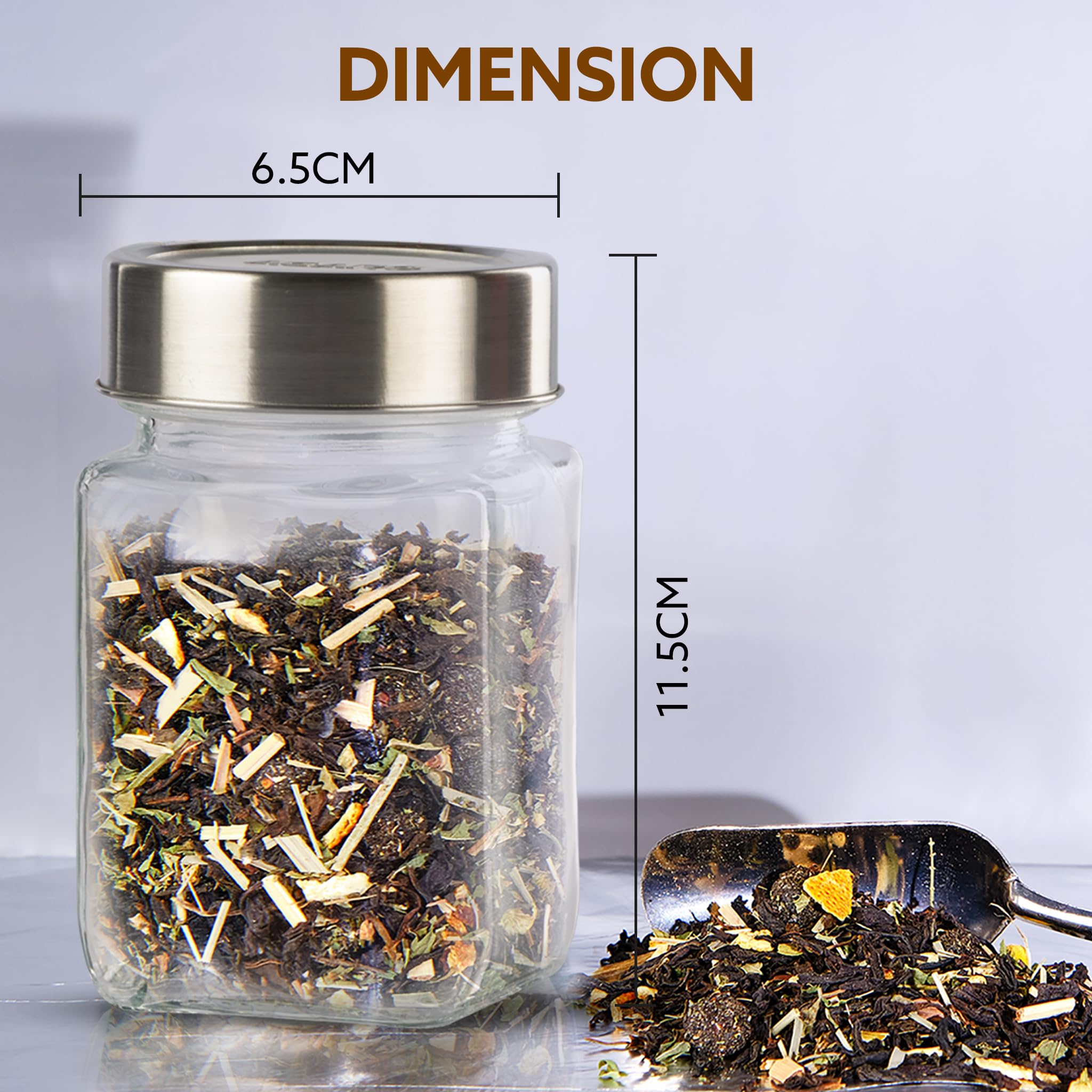 AGARO Elegant Cube Jar 310 ml, forma cuadrada, tapa transparente con acabado de acero, recipiente de cristal de almacenamiento, transparente, organizador de cocina, tarro multiusos, paquete de 6
