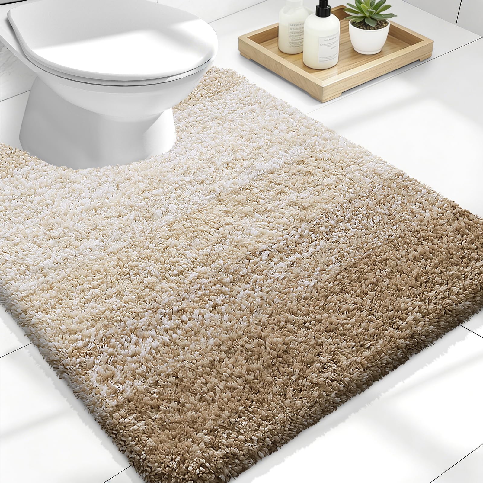 OLANLY Luxury Toilet Rugs U-Shaped 24x20, Soft Absorbent Microfiber Mat | Tan, Non-Slip Quick-Drying Rubber Backing, Machine Washable Plush Contour Bath Mat for Toilet Base, Home Decor Accessories