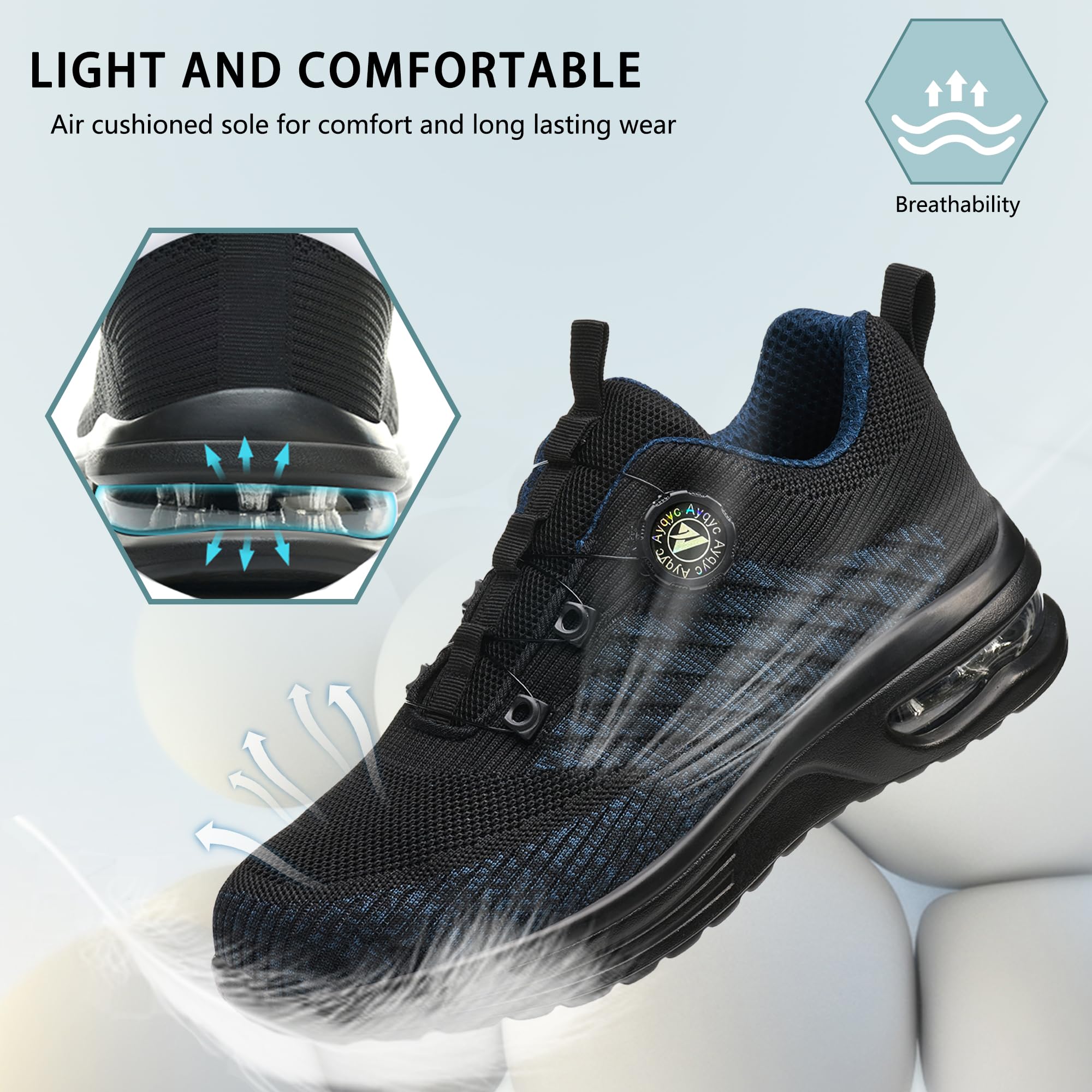 Buty ochronne męskie ze stalowym noskiem, buty ochronne damskie, lekkie buty ochronne, oddychające, antypoślizgowe, robocze buty ochronne z poduszką powietrzną, obrotową klamrą, sznurówki, NIEBIESKI