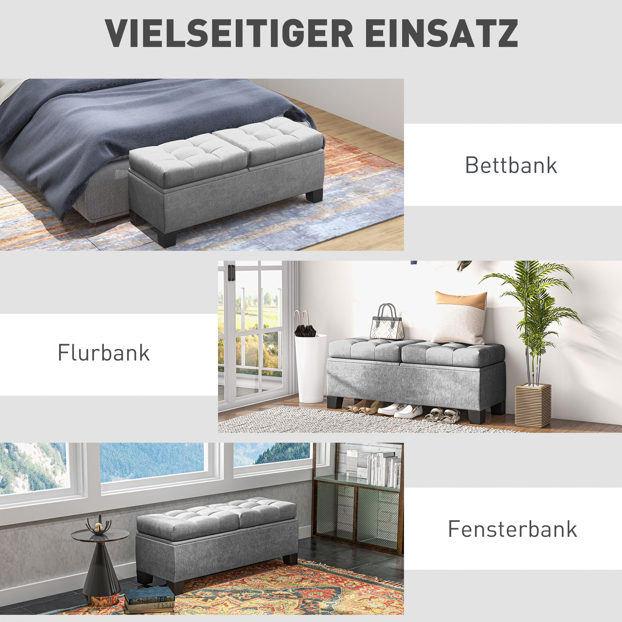 HOMCOM Sitzbank mit Stauraum Polsterbank bis 180kg 116x41x47 cm Grau | Gepolsterte Aufbewahrungsbox, Für Flur, Schlafzimmer, Wohnzimmer