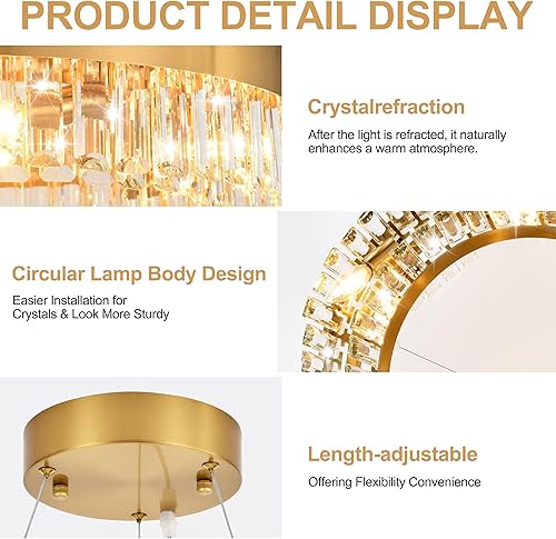 Miniatura 7 de MADEM Modernas lámparas LED circulares de cristal, lámpara de araña dorada, lámpara de techo colgante contemporánea para comedor, sala de estar,