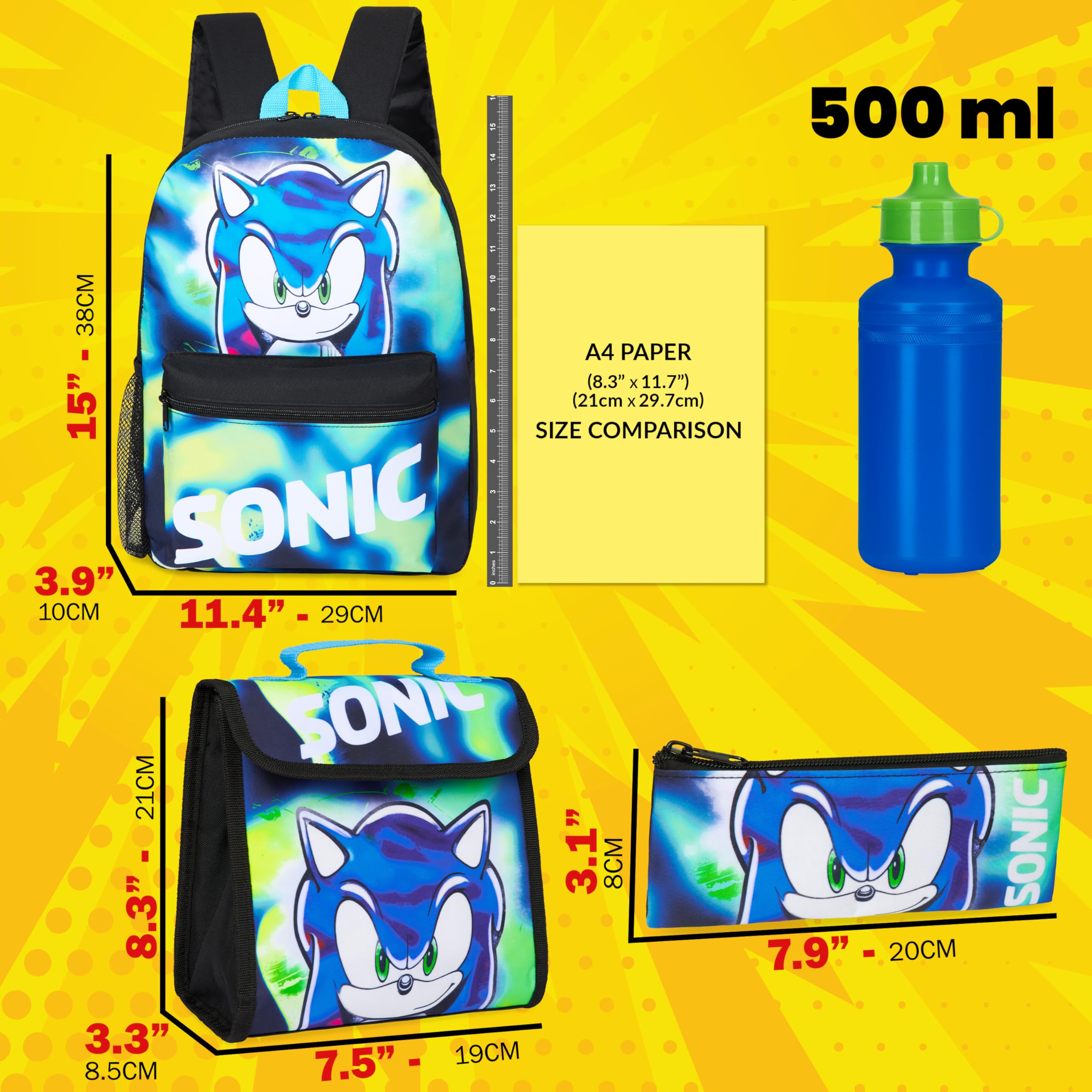 Get Trend SONIC THE HEDGEHOG Zainetto Bambino Set 4 Pz con Borraccia Bambini Astuccio Borsa Porta Pranzo Shadow Materiale Scolastico (Sonic 4 Pz Set)