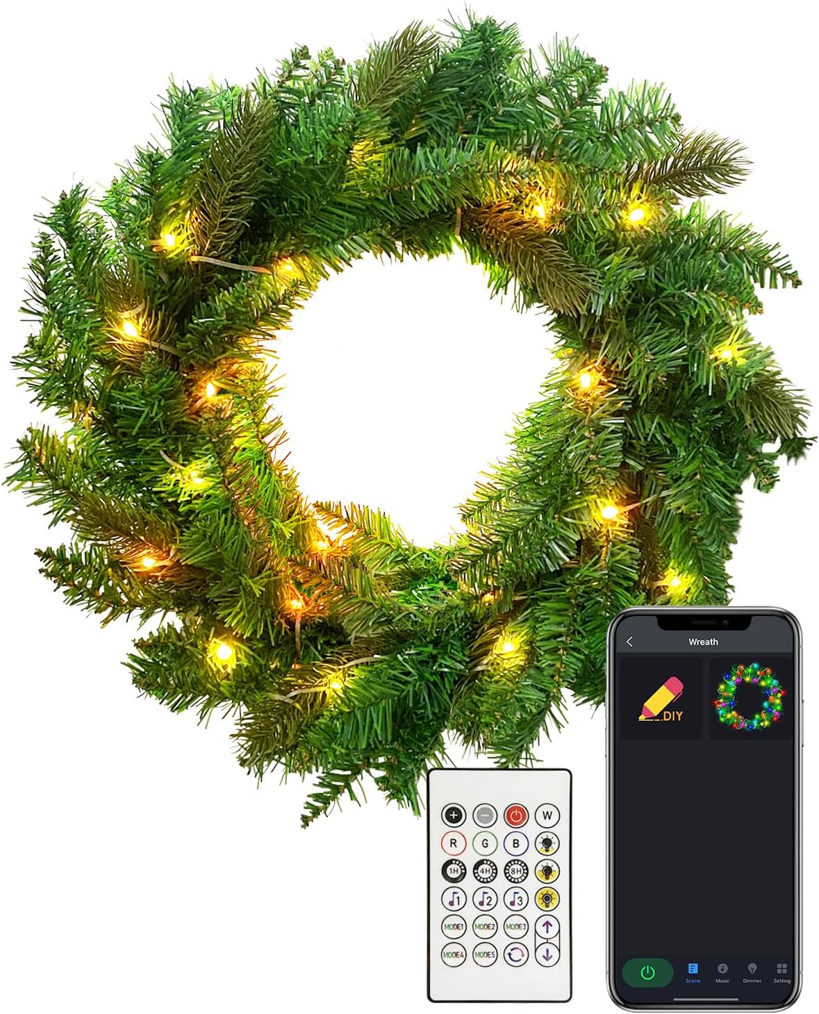 24 Inch Christmas Wreath Lighted App Remote Control, Pre-Lit Front Door Wreath DIY Lighting Timer Color Changing for, Music Sync Group Control Christmas Wreath for Party Window Decorations, USB Power
