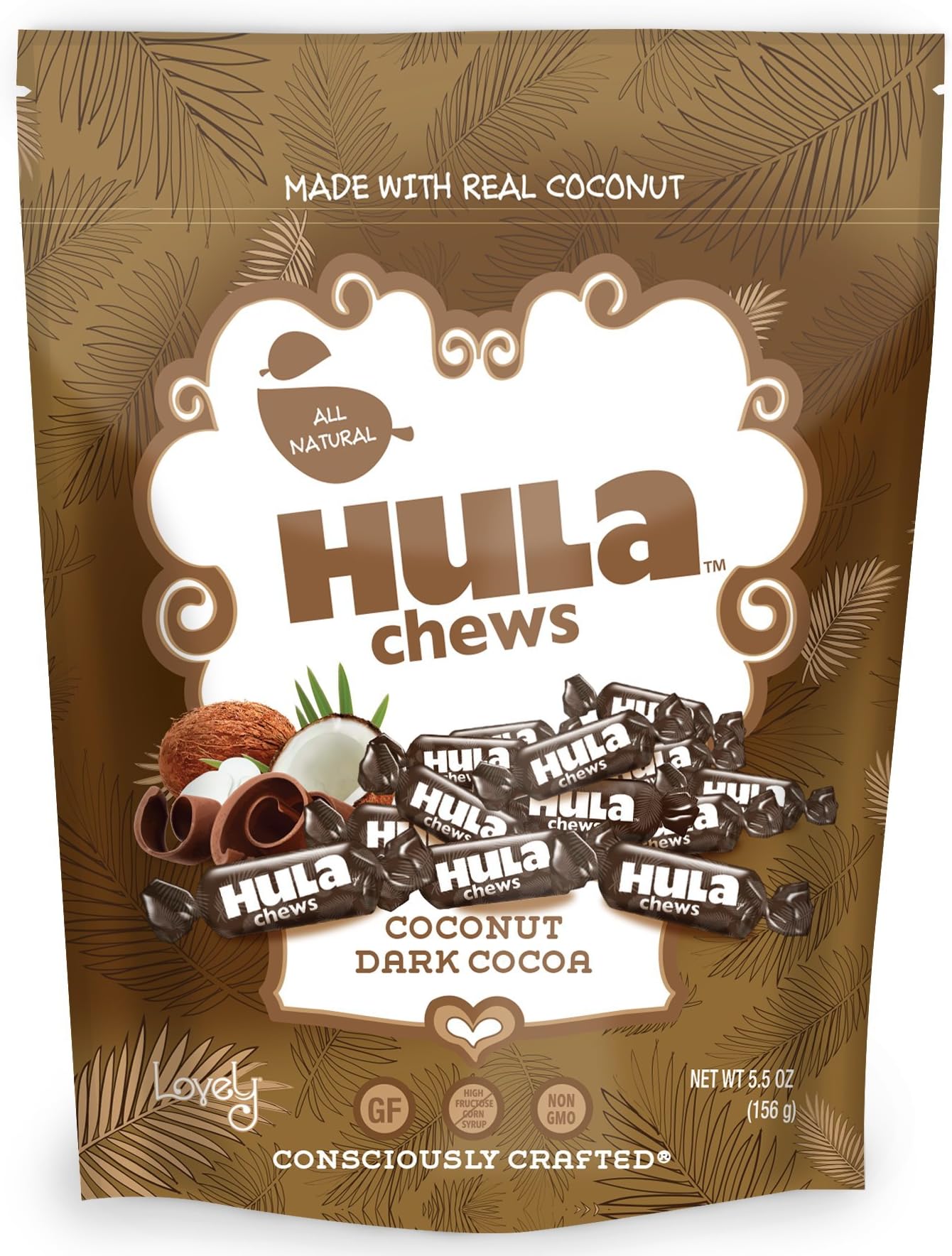 Dark Cocoa Coconut Hula Chews - Lovely Co. 5.5oz Bag - NON-GMO, Soy-Free, KOSHER & GLUTEN-FREE! Delicious cocoa chews with Coconut Flavored Center, made with REAL coconut!