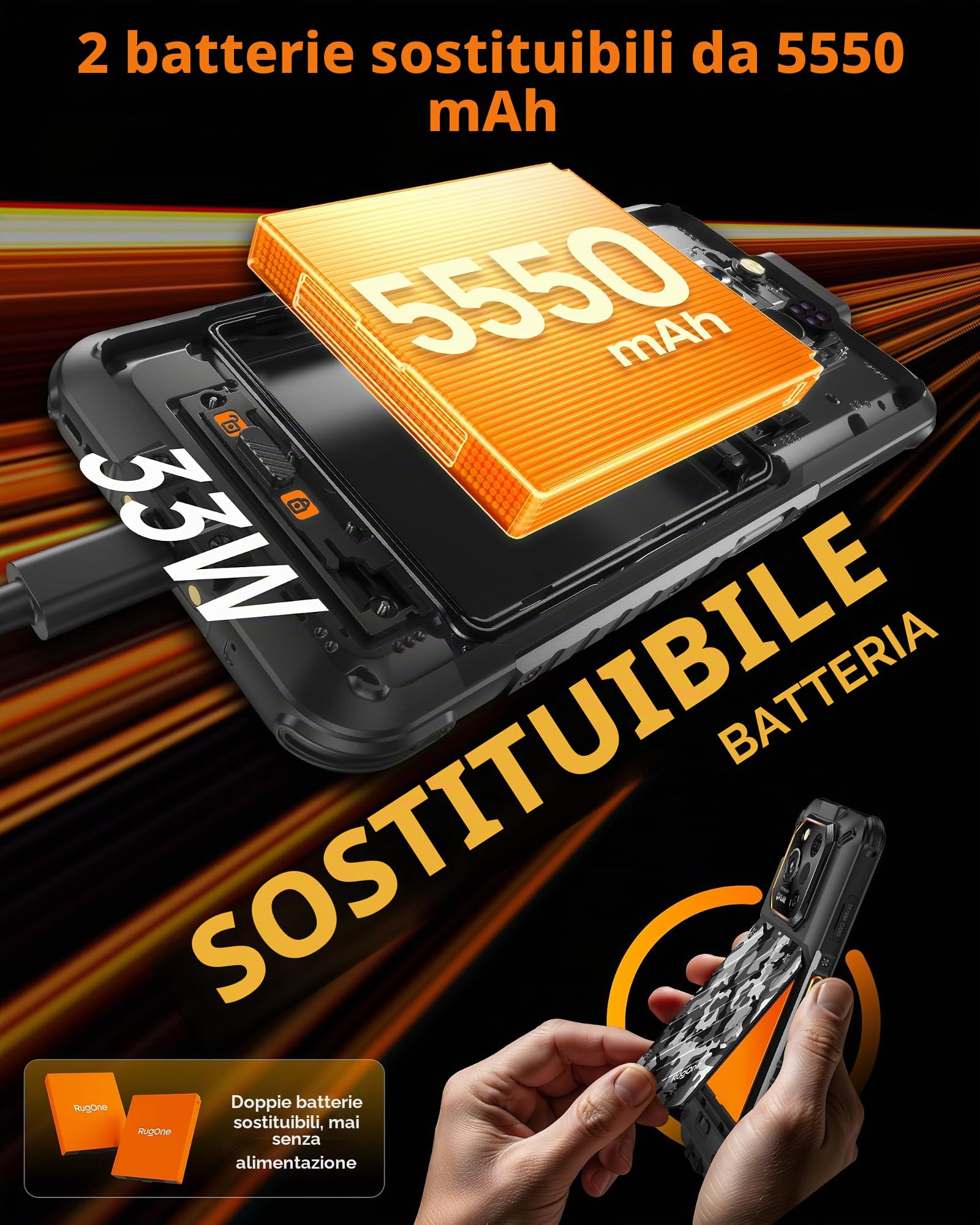 RUGONE Xever 7 Pro Cellulare, 5G con Batteria Sostituibile (2×5550mAh) AI Telefono 64MP Visione Notturna + Termocamera 24GB+512GB/SD-2TB, Android 15 Rugged Smartphone 6.67" 120Hz AMOLED, E-SIM Nero