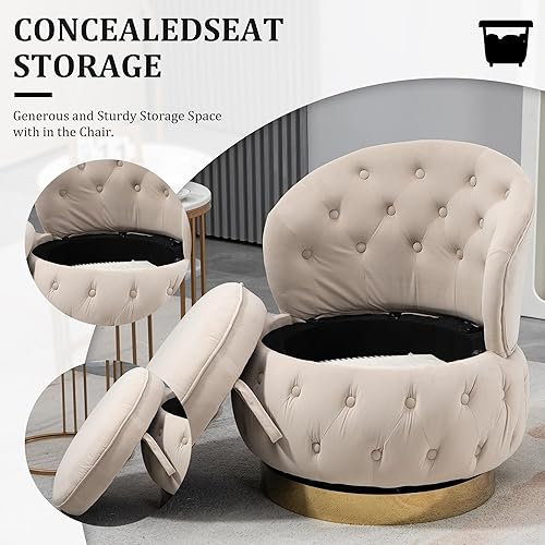 Miniatura 6 de Yoglad Silla giratoria de tocador 360, taburete de maquillaje con almacenamiento y respaldo, silla redonda copetuda con relleno, para dormitorio,