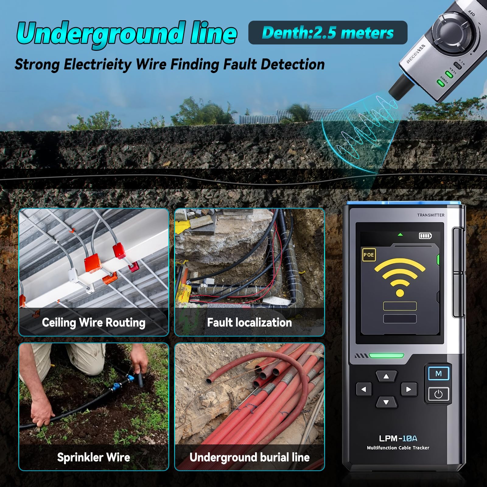 LPM-10A Unterirdischer Kabelsucher, Netzwerktester Draht und Leitungsfinder mit Unterbrechungserkennung, 2,4-Zoll TFT Display und Störunterdrückung
