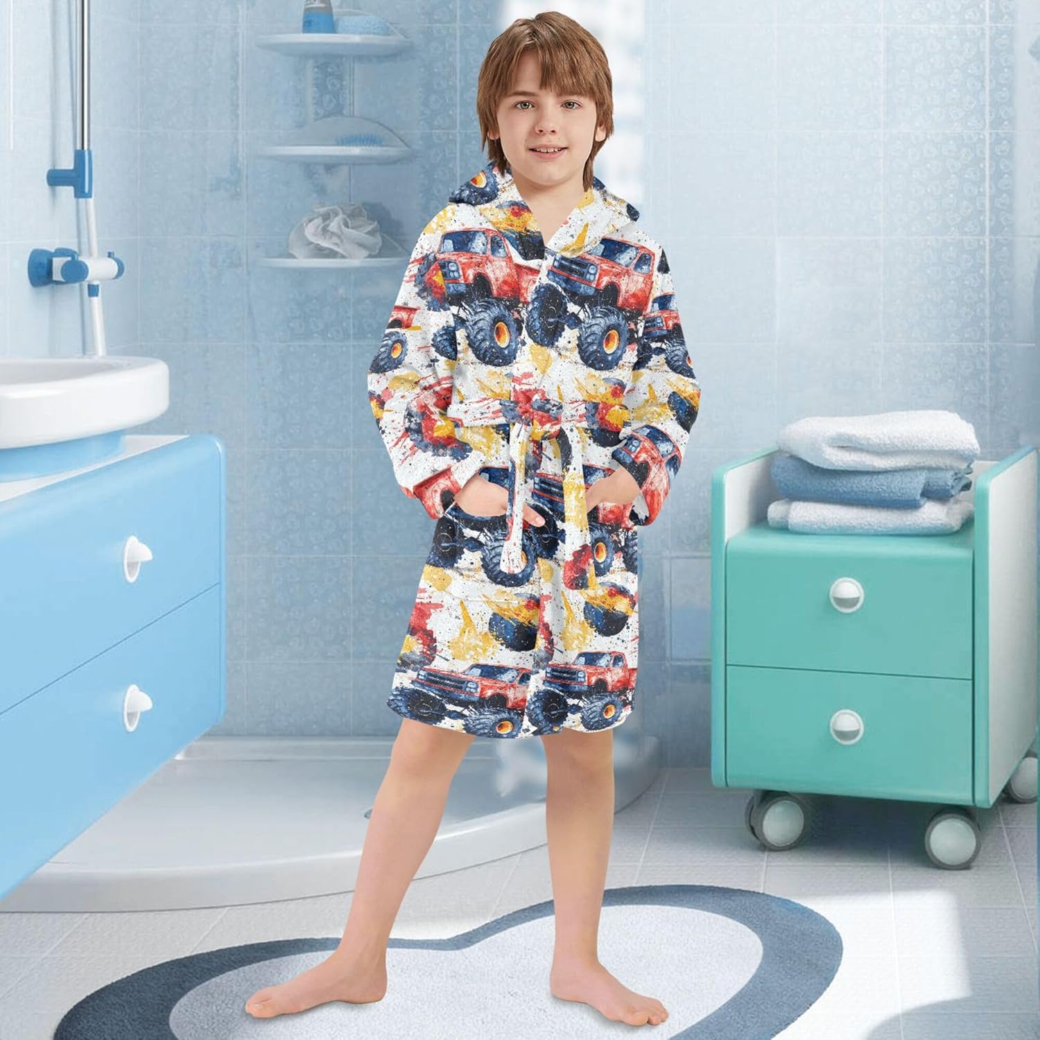 Red Monster Truck Cars Bathrobe Hooded PJ Robe Soft Fleece Robe Pajama Sleepwear 2-12 Years