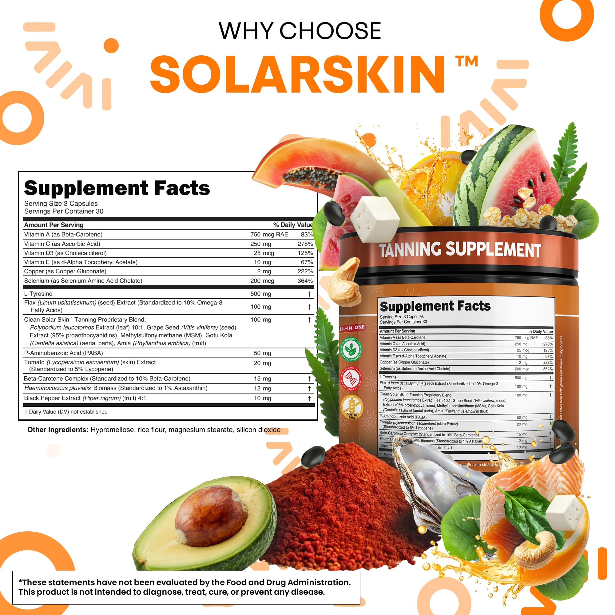 Solar Skin Astaxanthin Tanning Supplement Lycopene L-Tyrosine Vitamins A C D E, PABA Beta Carotene Selenium Grapeseed Extract Omega 3 Flax Seed Copper Capsules By Clean Nutra — Amazon image 5