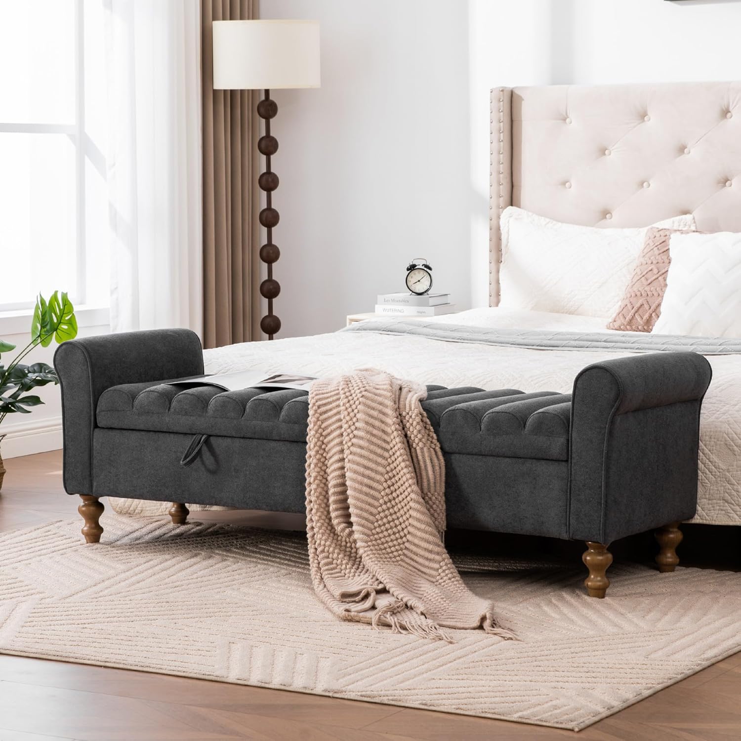 Aoiy & Wifon 65.55" W Large Storage Ottoman Bench, King Size End of Bed Storage Bench with Wood Legs, Upholstered Window Bench for Bedroom, Living Room, Entryway, Charcoal