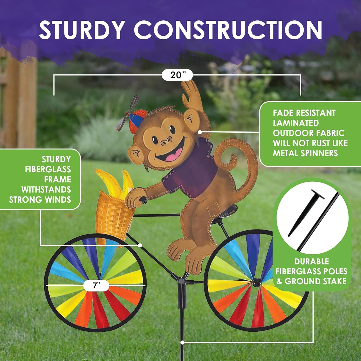 Bike Spinner Monkey 20" – Playful Jungle Animal Design, Weather-Resistant Outdoor Decor, Durable & Lightweight for Patios, Yards, and Gardens - Eye-Catching Wind Spinner with Rotating Wheels