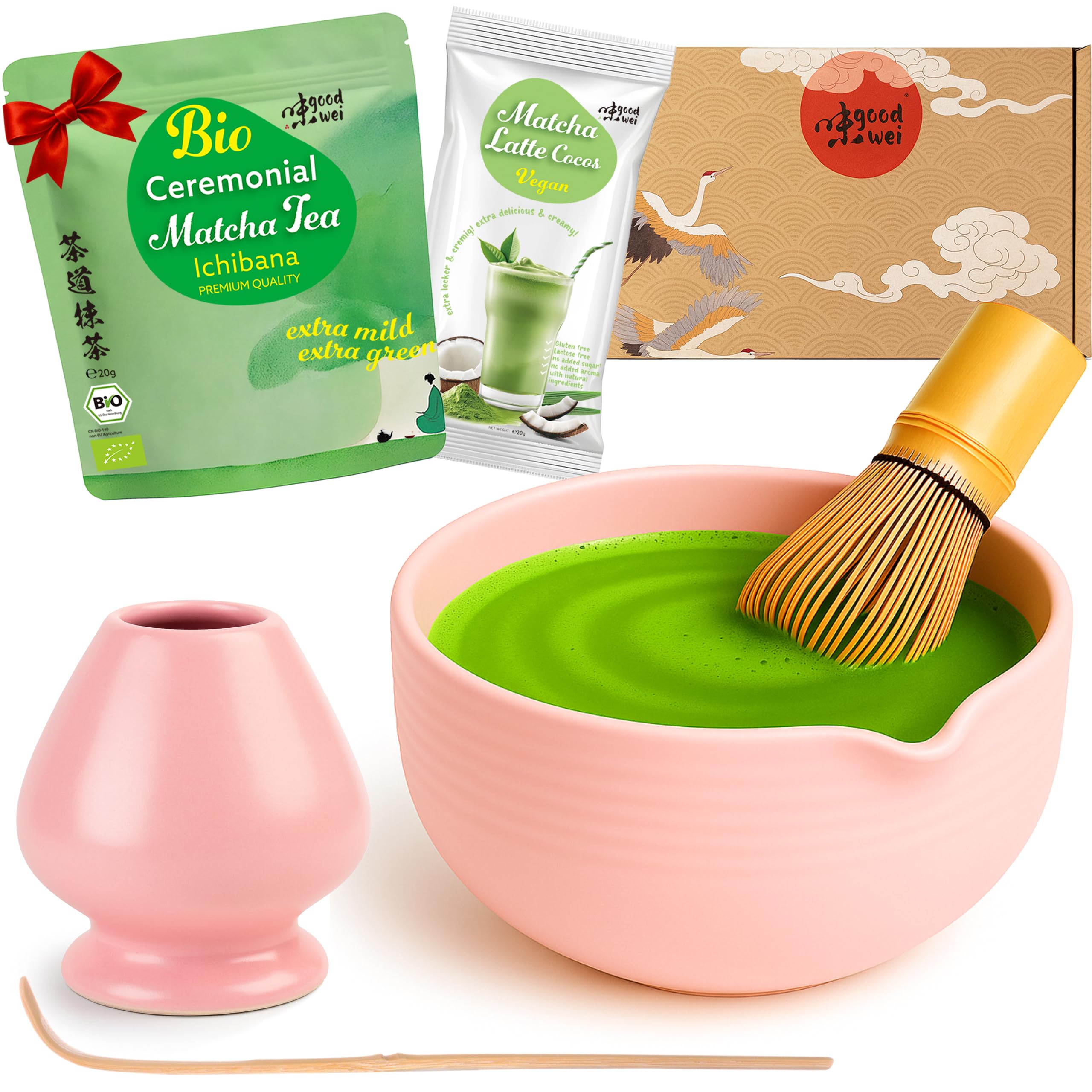 Goodwei Set Matcha Latte – Set da Tè Matcha Giapponese con Ciotola, Frullino in Bambù, Supporto, Cucchiaino e Matcha Biologico – Set da Cerimonia del Tè e Matcha Latte (Camellia Pink)