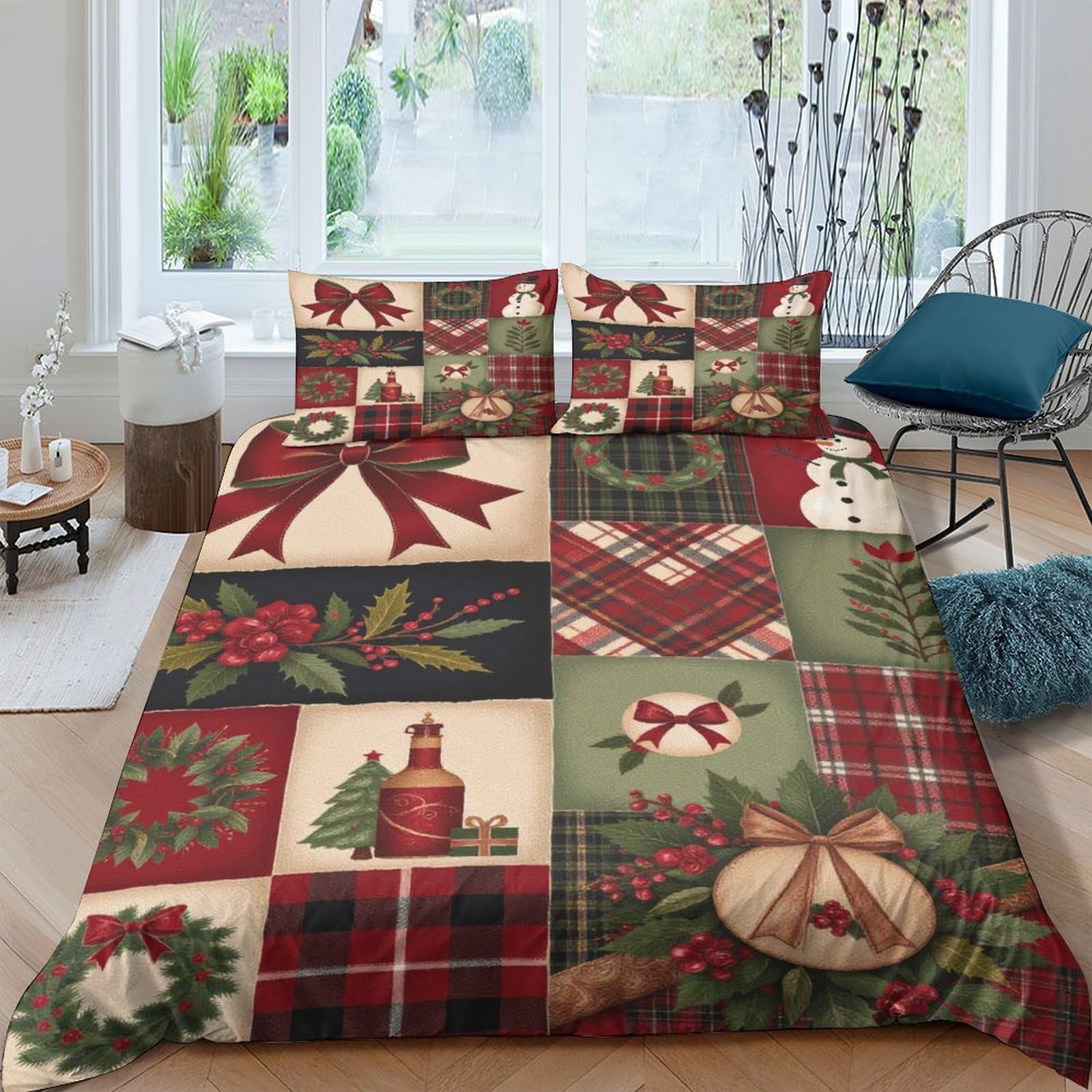 Ctjqhvkz Style-7 3D Printed Christmas Patchwork Fitted Sheet Microfiber Soft Plaid Wreath Bed Cover For Bedroom Guest Room Decor Single（135X200cm）