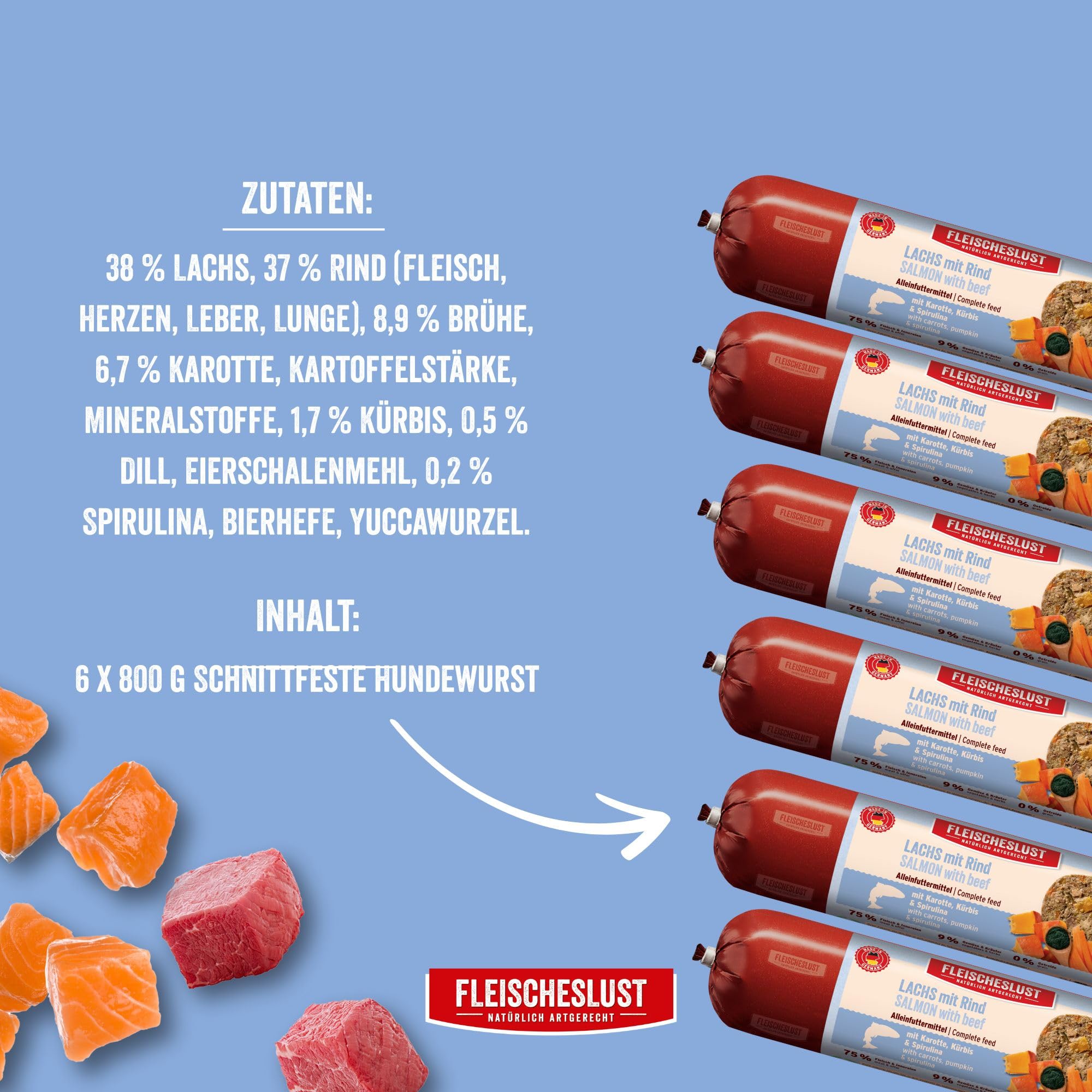Fleischeslust Salchicha para perros, salmón y ternera con zanahoria, calabaza y espirulina, caja de alimentos (6 x 800 g), comida húmeda, resistente a los cortes, sin cereales, pienso completo para