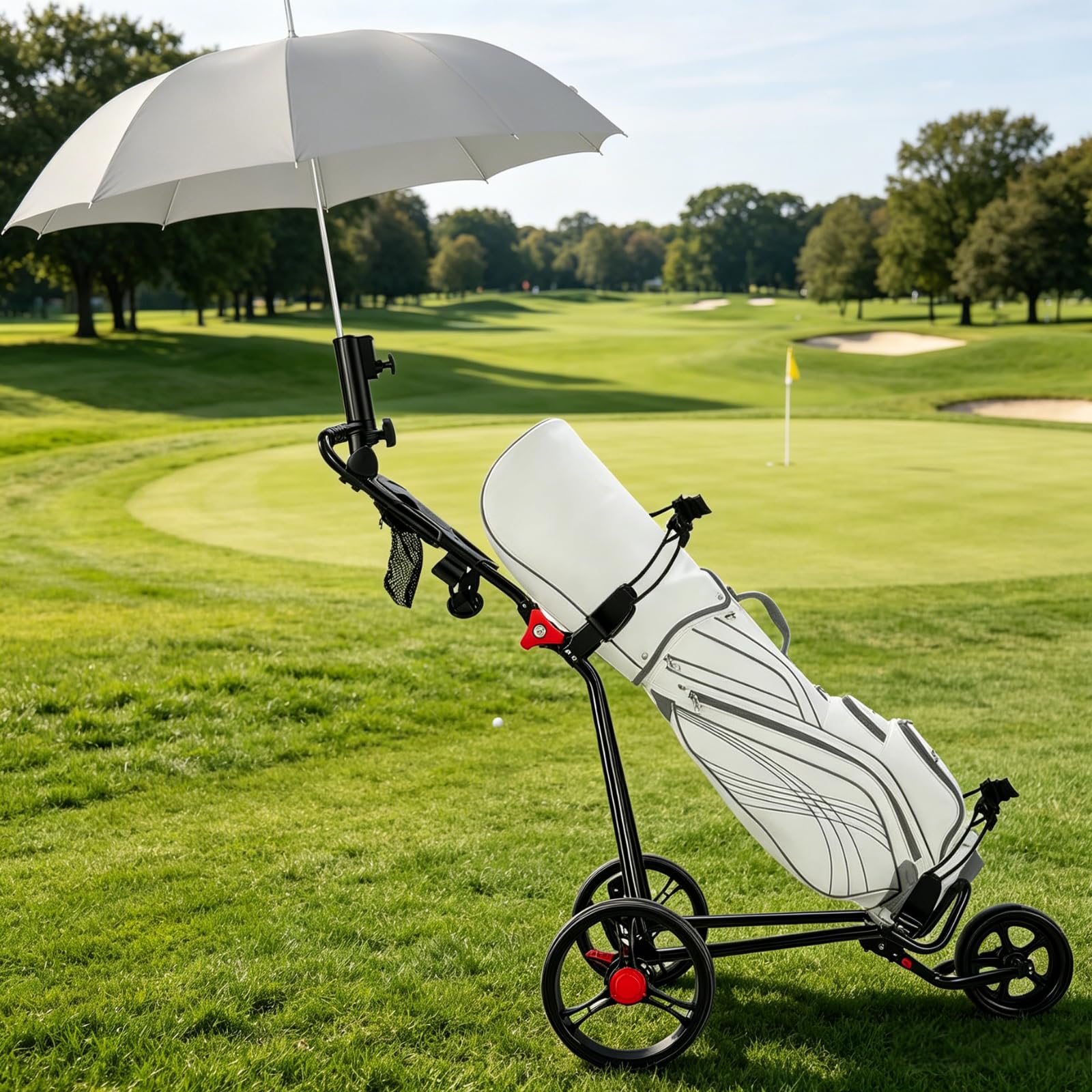 JoyCushy Golf Trolley 3 Wheel Folding Golfs Push Cart with Adjustable Height Handle & Foot Brake, Umbrella & Cup Holder, Widened Base