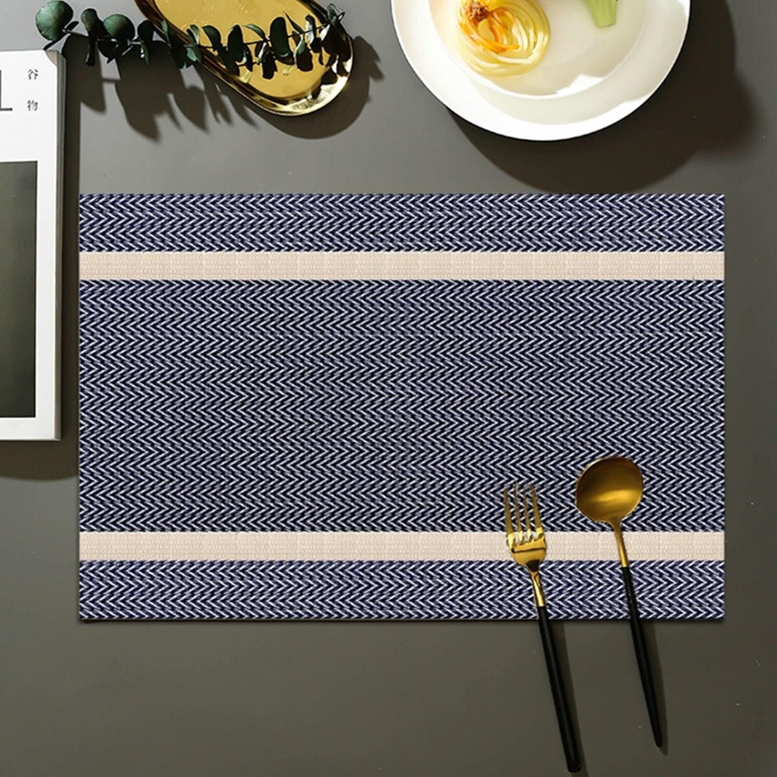 Placemat Juego de 10, mantel individual azul marino y oro azul rectangular con rayas 30 x 45 cm para cocina y comedor