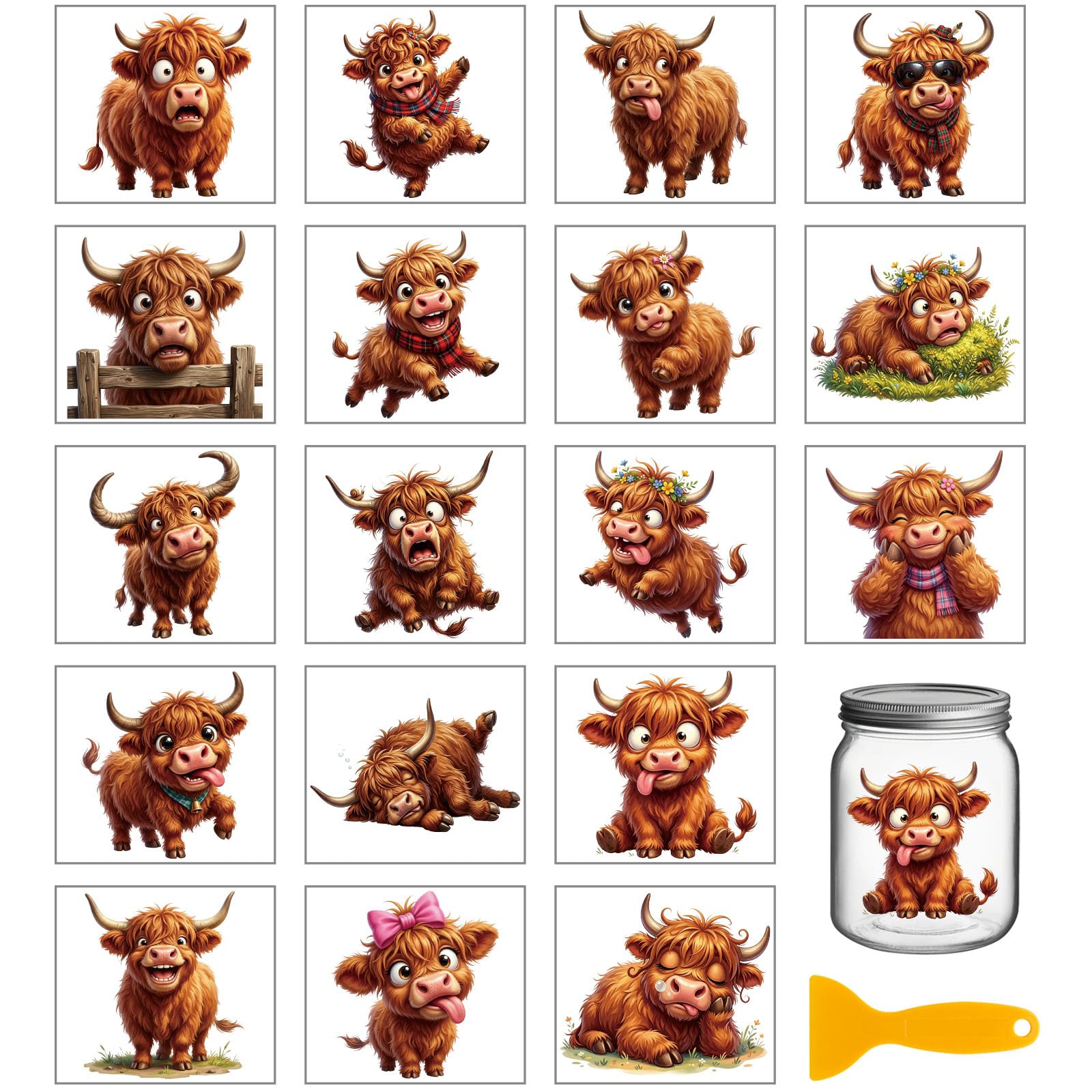 GLOBLELAND 18 Sheets Funny Highland Cattle Rub on Transfer Sticker for Crafts 3.9ร3.6 inch Cute Highland Cattle Colorful Decals Transfer Stickers for Crafts Bottle Glass Cup Vase Decor