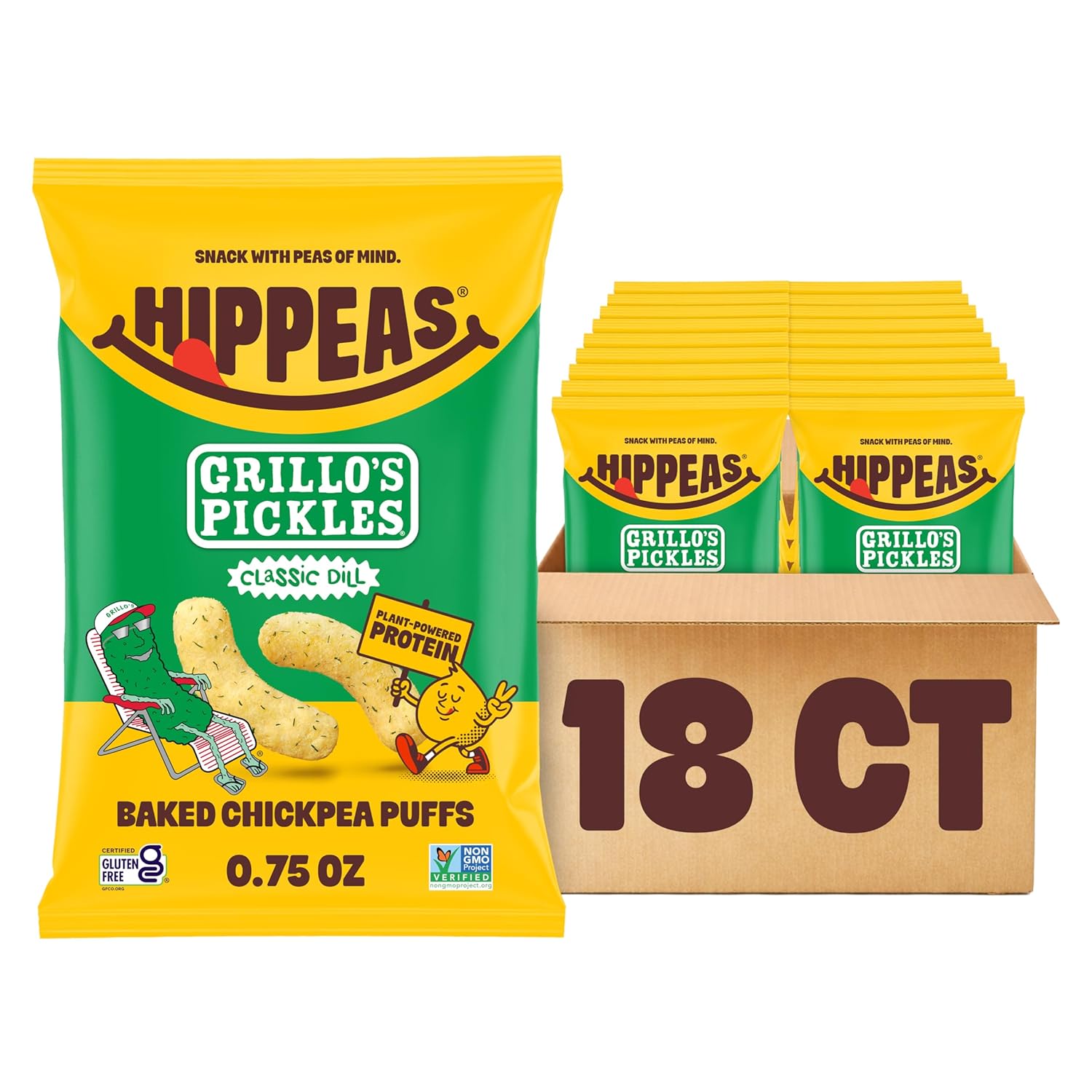 Hippeas Grillo's Dill Pickle, 0.75 Ounce (Pack of 18), 3g Protein, Fiber, Vegan, Gluten-Free, Crunchy, Plant Protein Snacks