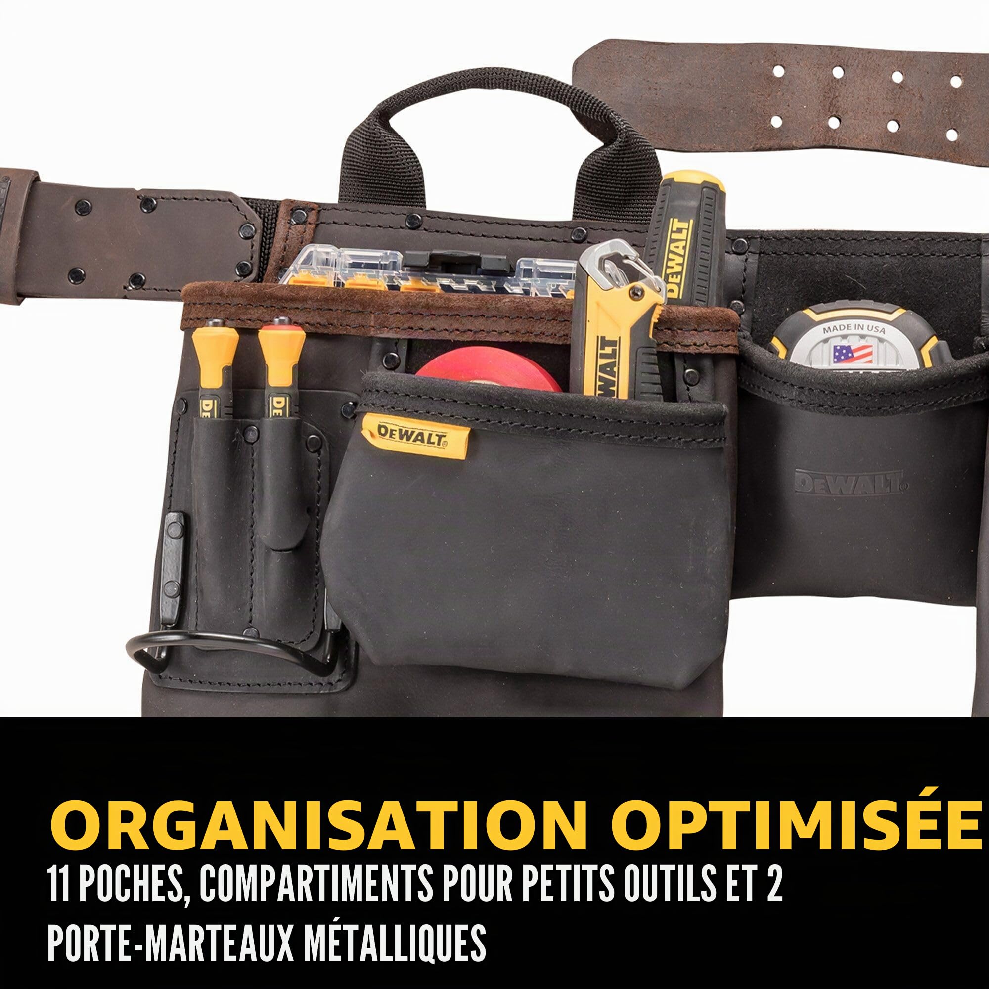 DEWALT Ceinture à outils en cuir, durable, ceinture professionnelle à 11 poches (DWST550112)