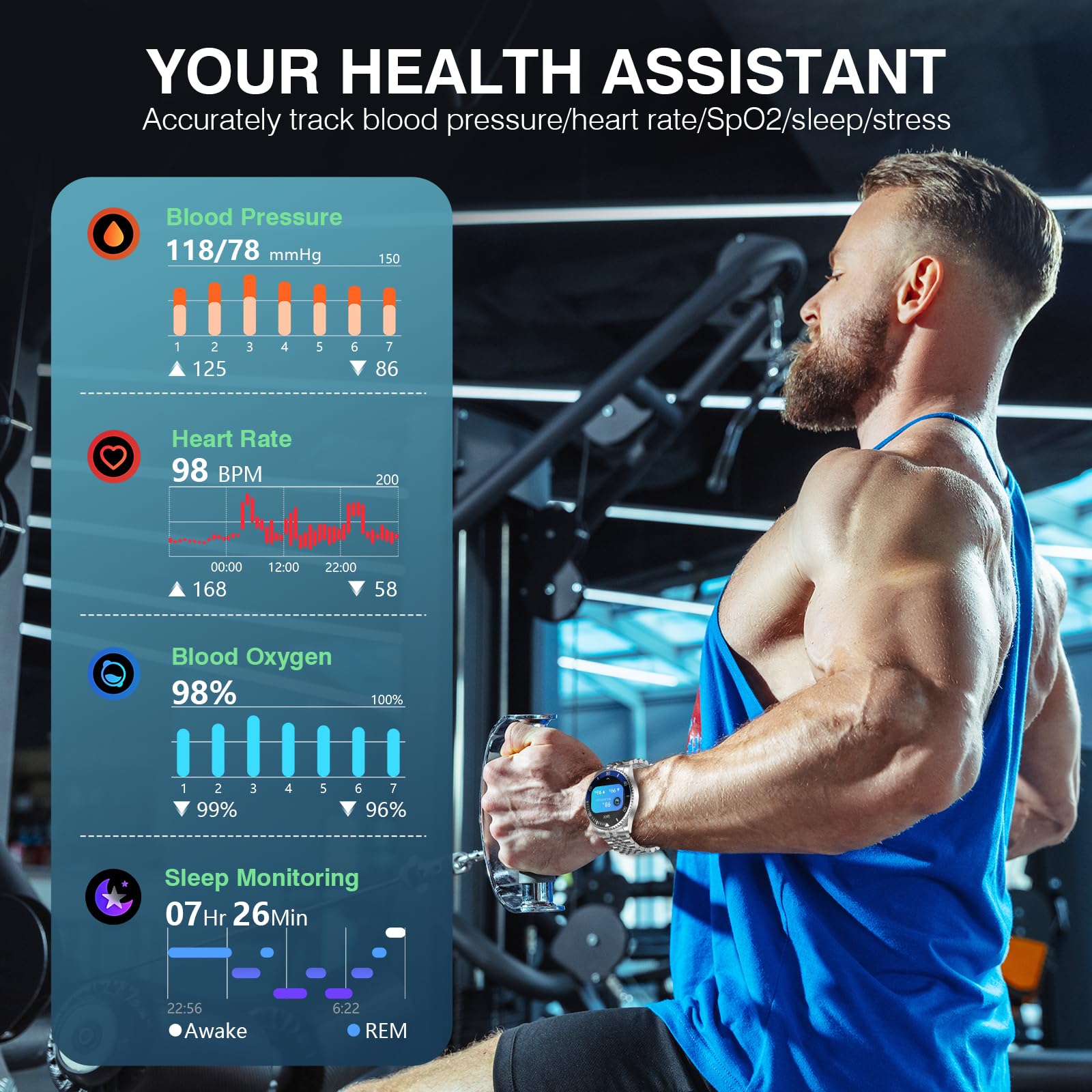 AI Smartwatch Herren, 1,19'' AMOLED Smart Watch mit Bluetooth Anrufe, 107 Sportmodi Fitnessuhr mit Herzfrequenz Schlafüberwachung Schrittzähler, IP67 Wasserdicht Runde Uhr für iOS Android Silber