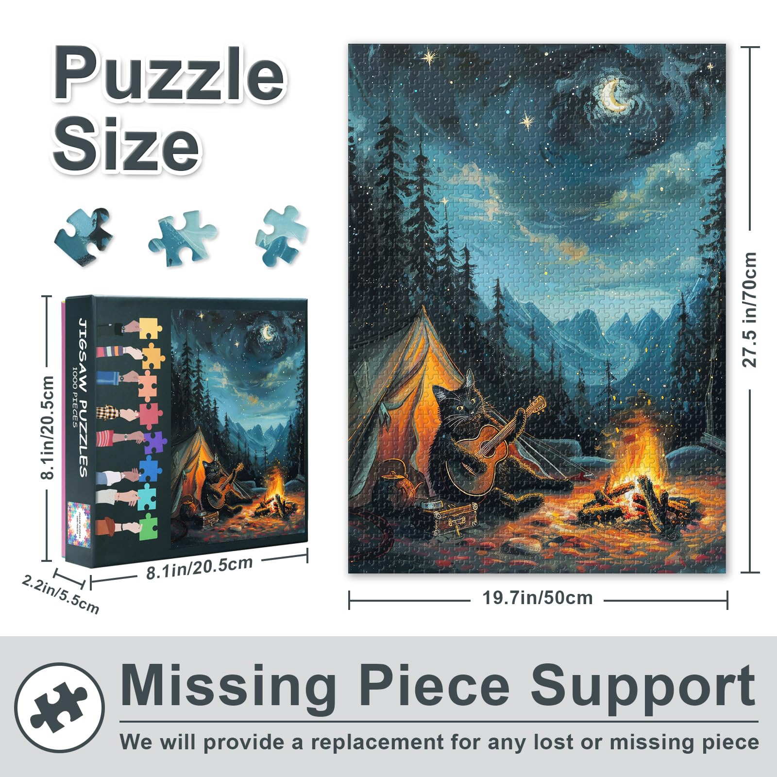 Black Cat Playing Guitar Jigsaw Puzzles 1000 Pieces for Adults, Camping Under the Starry Sky - Image 3