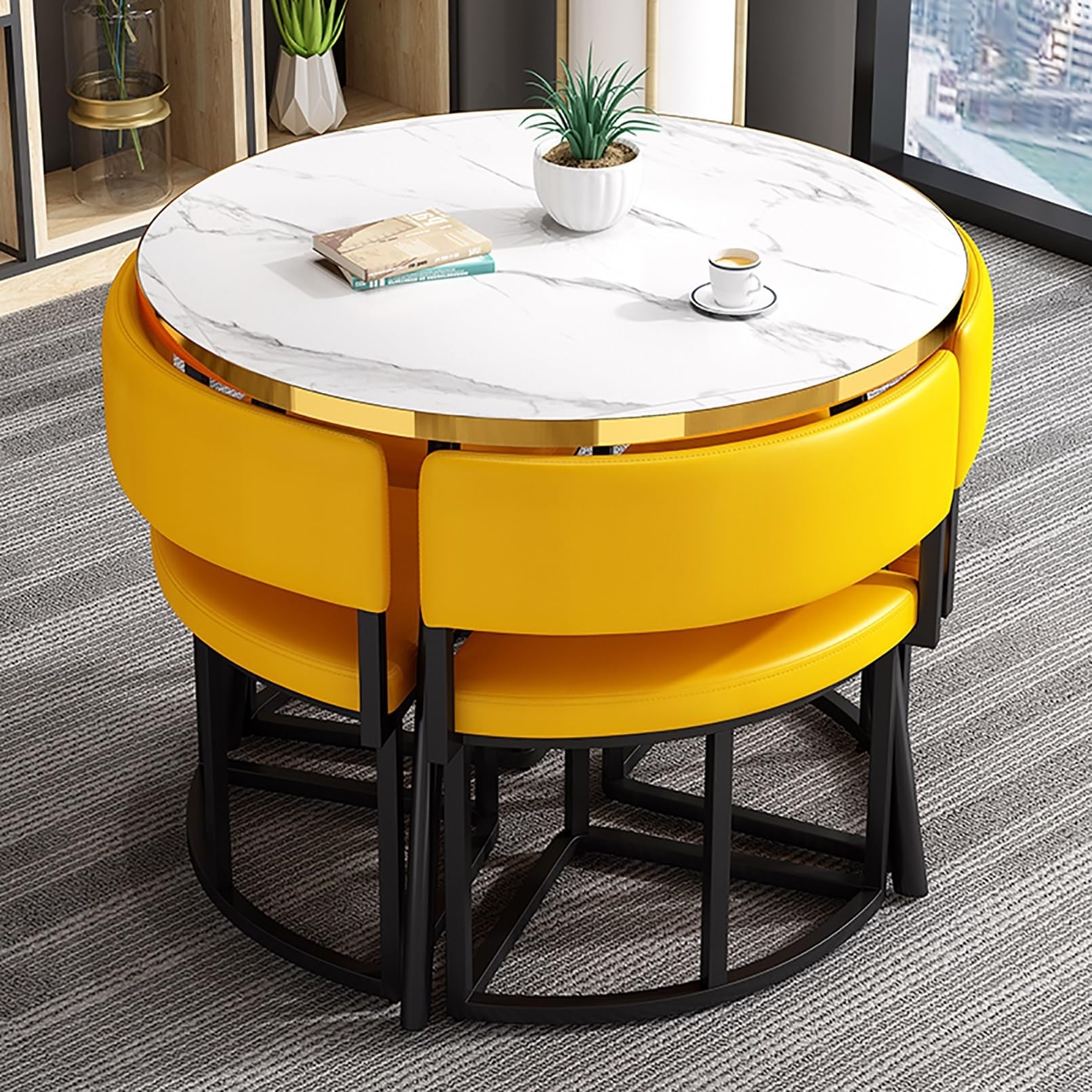 Tavolo da Pranzo Rotondo Effetto Marmo 90 cm con 4 sedie Ecopelle, Set salvaspazio per casa e Ufficio