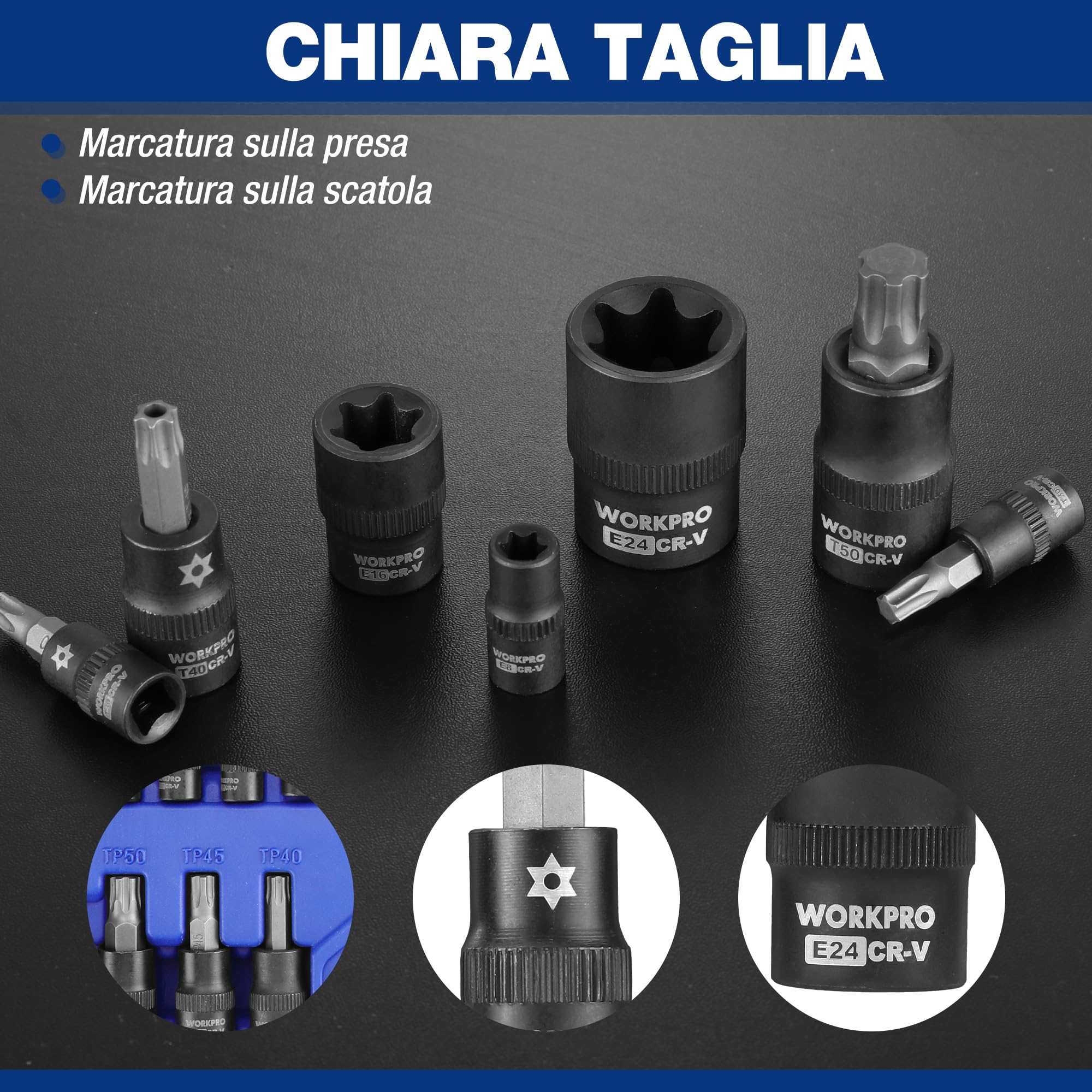 WORKPRO Chiavi a Bussola Torx da 60 Pezzi, 1/4", 3/8", 1/2" Attacco, T6-T70, TT6-TT70, TP8-TP60, E4-E24, con Scatola di Conservazione