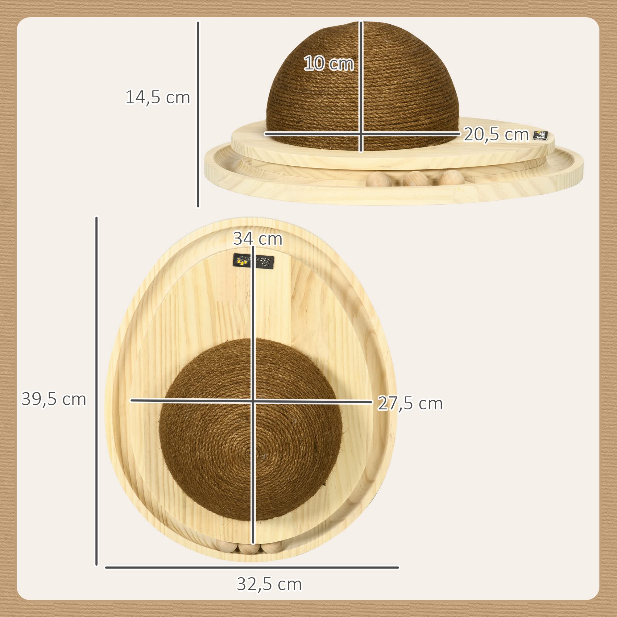 PawHut Interaktives Kratzspielzeug, 2-in-1-Design Katzenspielzeug mit Kugelbahn und Kratzbrett, Kratzmöbel für Katzen, Jute, Kiefernholz, Natur+Kaffee, 39,5 x 32,5 x 14,5 cm