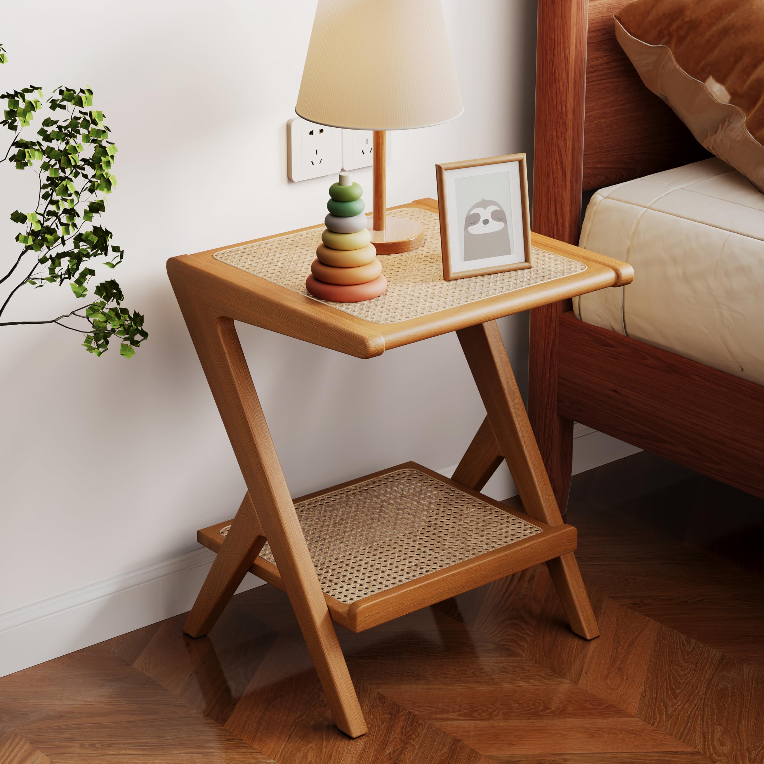 Alunaune Adjustable End Table 2 Tier Side Table, Natural Rattan Nightstand Modern Storage Shelf Coffee Sofa Table Small Bedside Tables for Living Room Bedroom