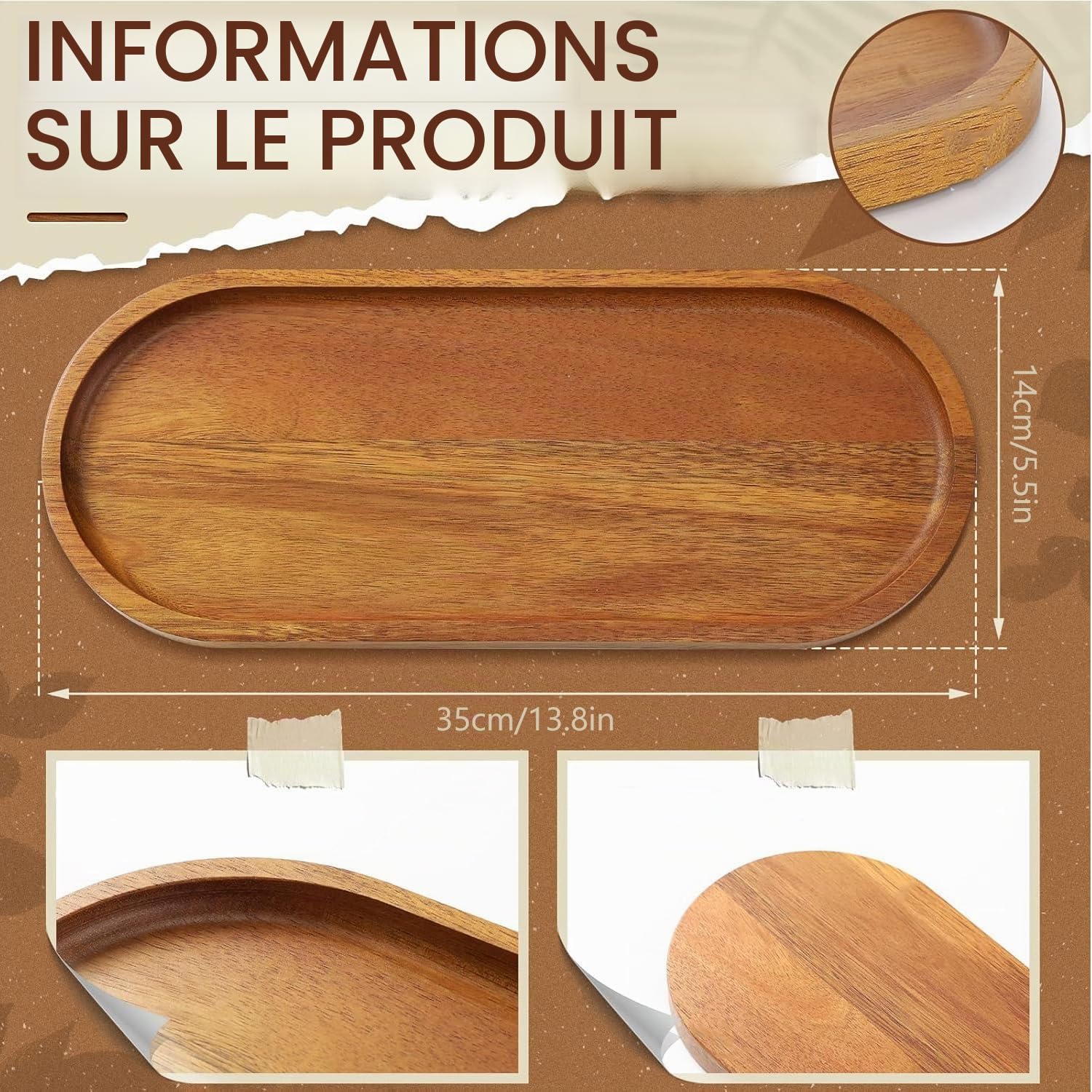 Lot de 8 grands plateaux de service ovales en bois de 35,8 x 14 cm pour dessert, collation, pain, fruits, apéritifs