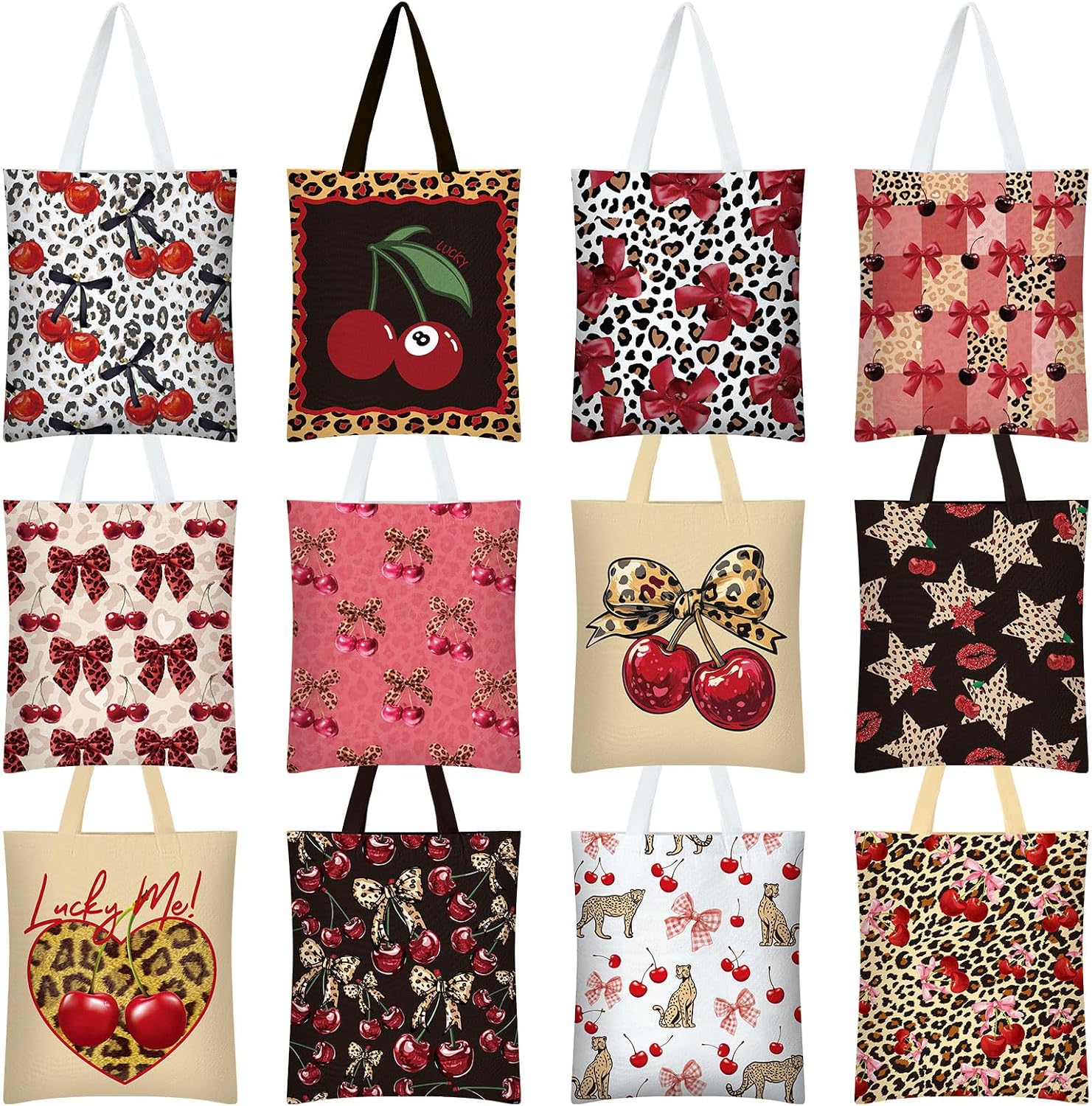 12 Pcs Cheetah Leopard Cherry Print Canvas Tote Bags, Cotton Reusable Grocery Bags for Women, Cute Birthday Party Supplies for College, Travel, Work