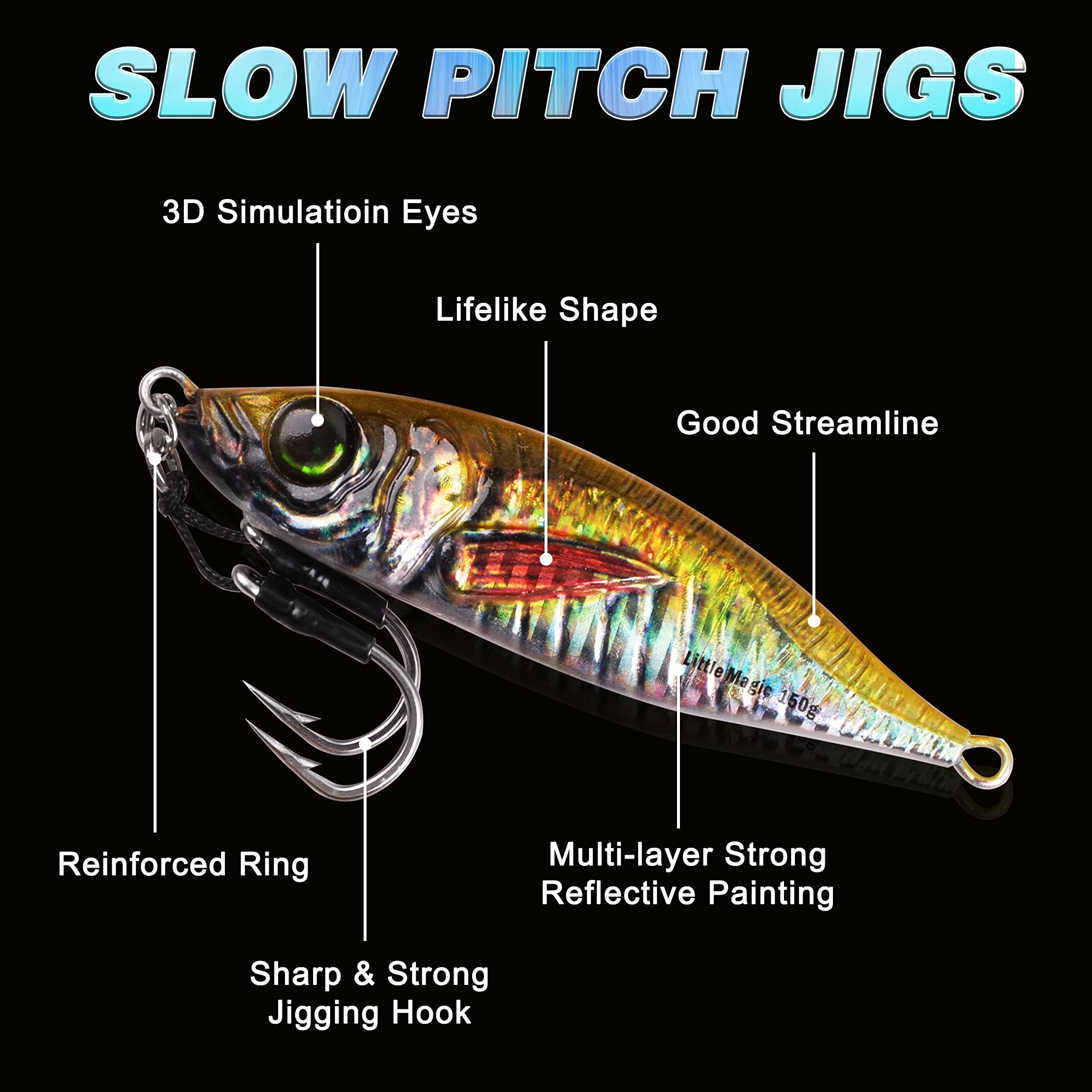 Slow Pitch Jigs Saltwater Fishing Jigging Lures Glow Vertical Metal Jigs with Assist Hooks Butterfly Jigs 3D Printing Offshore Deep Sea Ocean Fishing Pitching Lures for Tuna Kingfish Bluefin - Image 2