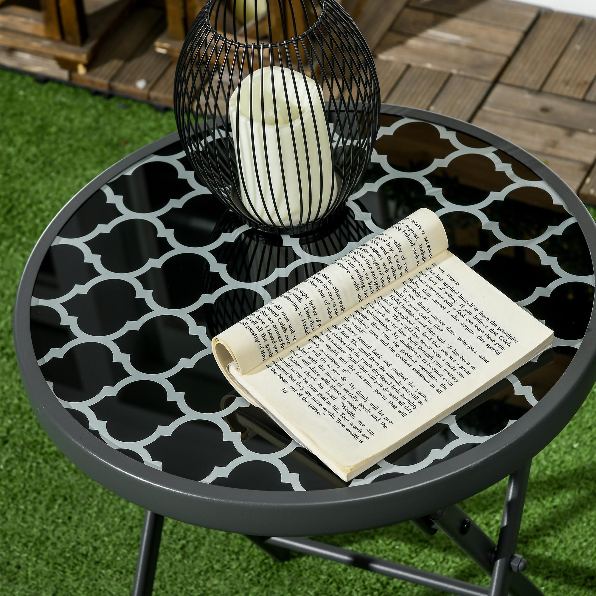 Outsunny Table Basse Pliante Verre trempé Métal Ronde 45cm Jardin Patio Balcon Noir Blanc