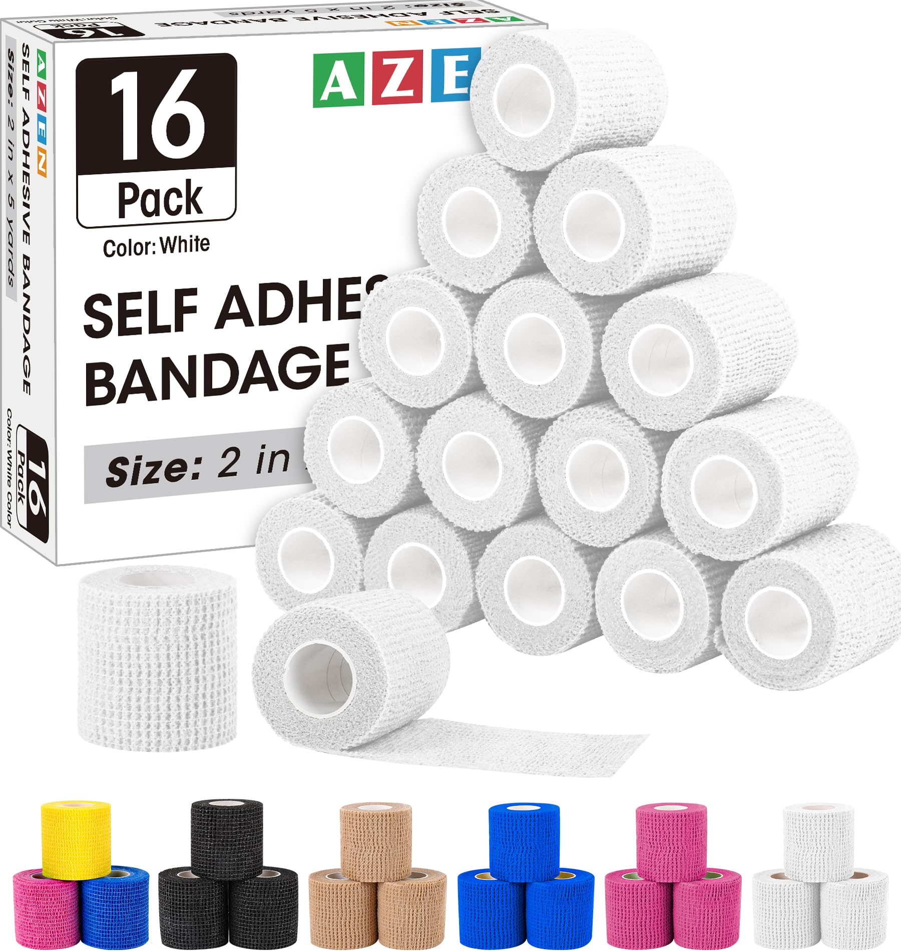 AZEN 16 Pack Self Adhesive Bandage Wrap Pink, 2" X 5 Yards Elastic Cohesive Bandage Wrap, Athletic Tape, Vet Wrap, Ankle Tape, Tattoo Grip Tape Wrap (White) White 2IN - 16Pack