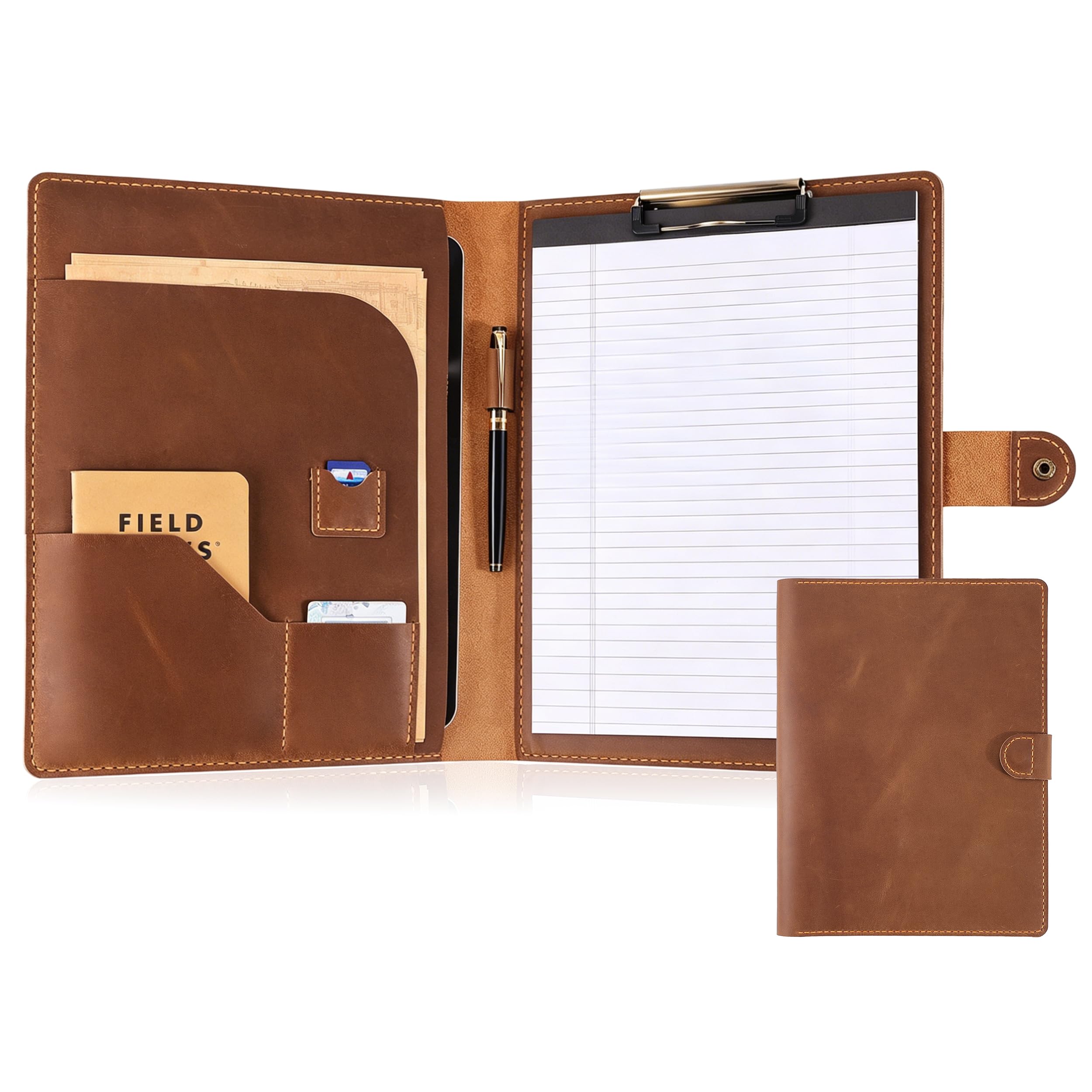 Cartella in pelle per uomini e donne, in stile vintage, con portablocco, curriculum e organizer per documenti, blocco note formato A4, cartella per ufficio e conferenze (marrone)