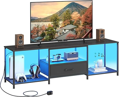 Miniatura 11 de Soporte de TV con luces LED, centro de entretenimiento con estantes abiertos y cajón de tela, consola multimedia para TV de 55 pulgadas, soportes de