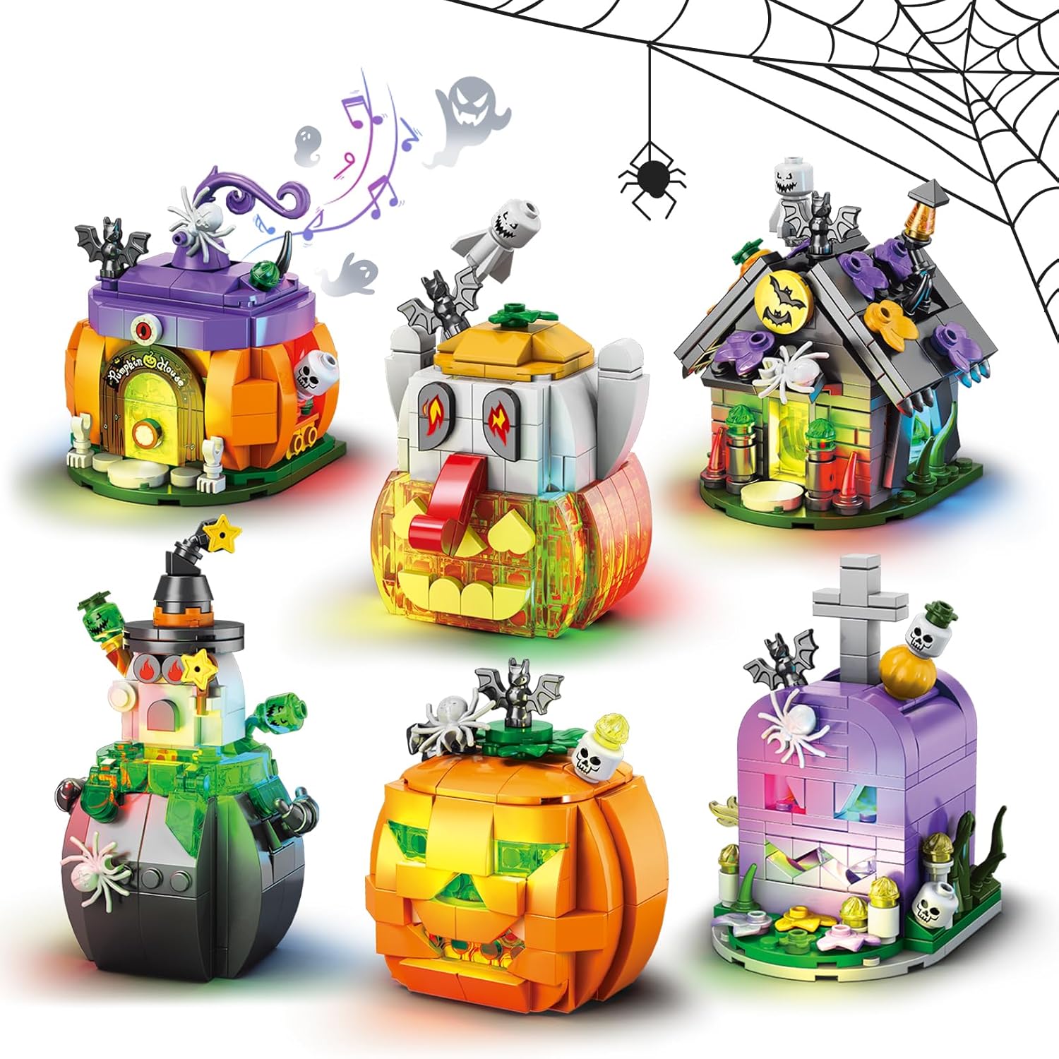 Halloween Building Blocks Set - Haunted House, Pumpkin Carriage, Skull Head, 6 Models Compatible with Lego, Halloween Party Gift for Boys or Girls 6-12 Years Old