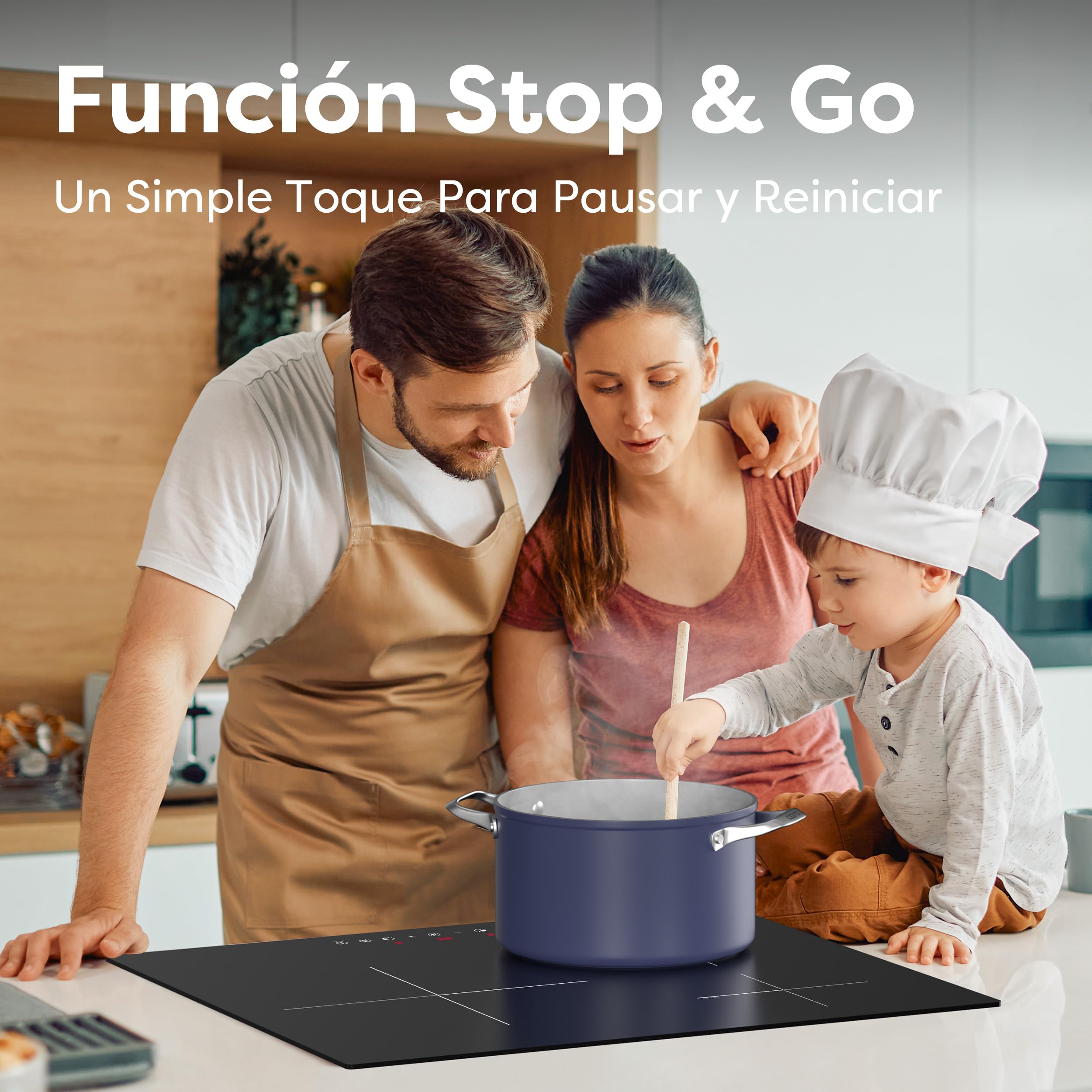 Ciarra Placa Induccion 3 Fuegos 60cm Función Boost | Limitador de potencia 2,8/3,5/6,2 kW, Pausa, Temporizador, Para Recipientes de 30cm