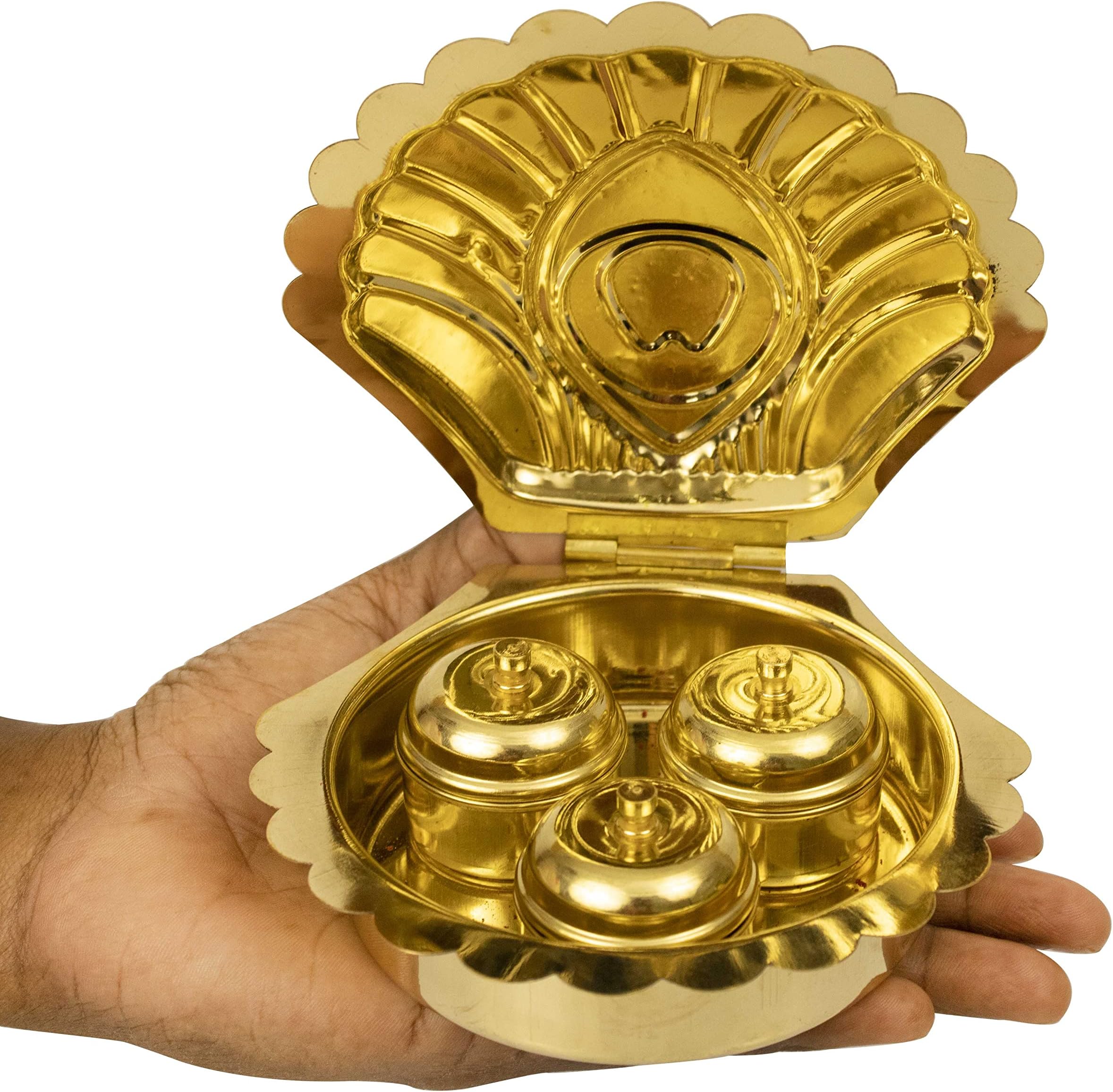 Traditional Handcrafted Brass Holder Stand Plate with Lid Bowl for Pooja | Puja Worship - 3 Bowl Peacock Shell