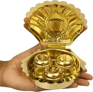 Spillbox Traditional Handcrafted Brass Holder Stand Plate with Lid Bowl for Pooja | Puja Worship - 3 Bowl Peacock Shell