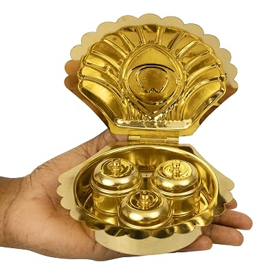 Spillbox Traditional Handcrafted Brass Haldi kumkum Chandhan Holder Stand Plate with Lid Curved Wooden Bowl  for Pooja |