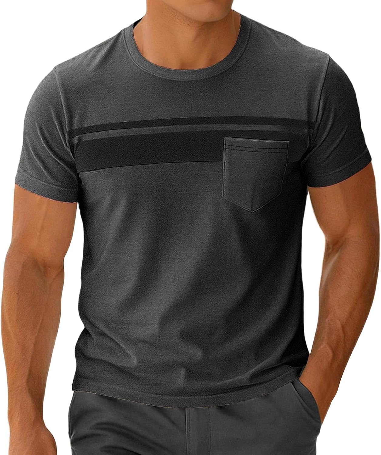 Men Outdoor Striped Round Collar Shirts Classic Soft Street Pullover Tops Summer Trendy Contrast Color T Shirt