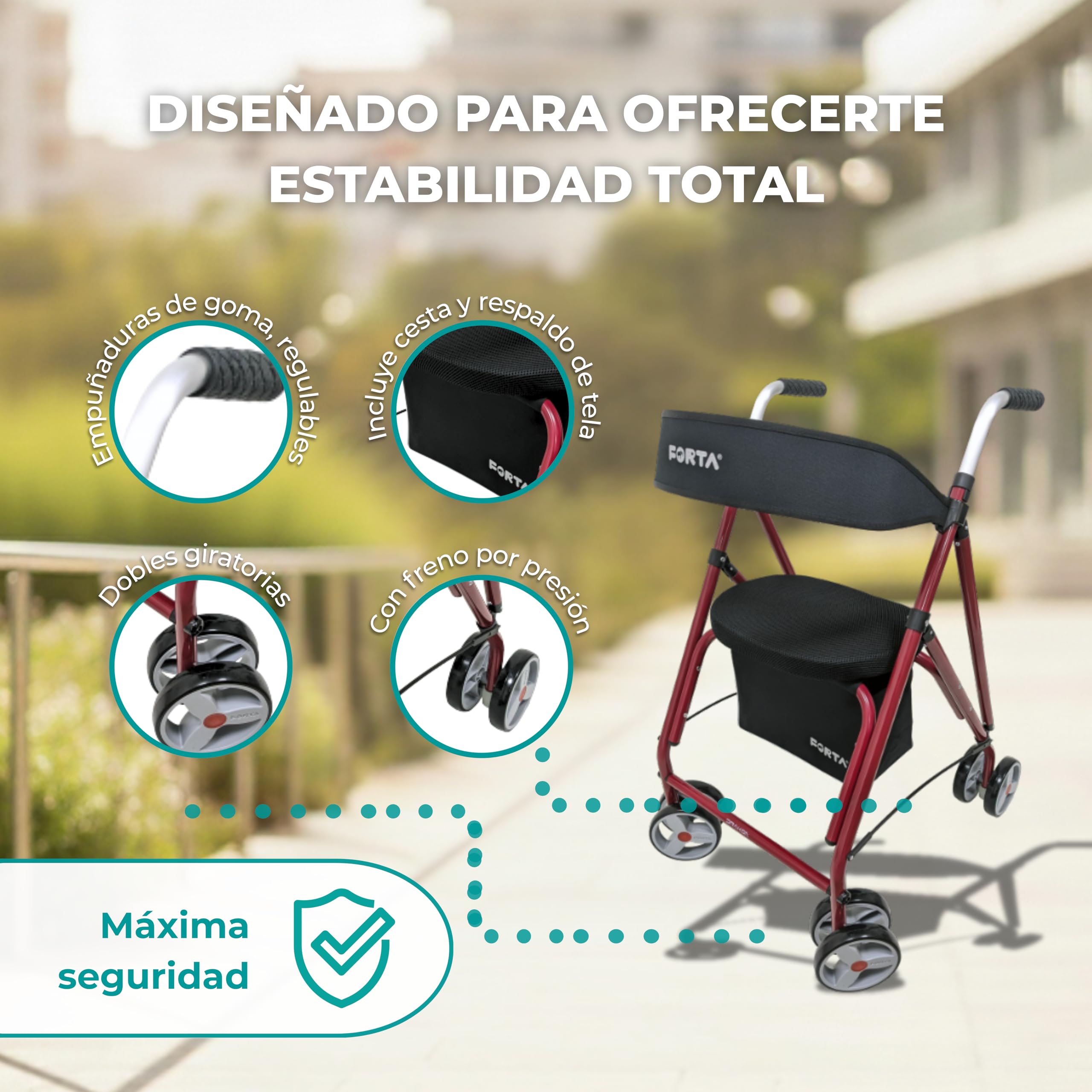Forta Drakon 1 - Andador Ligero y Plegable Para Personas Mayores - Andador Con Asiento, Para Uso Exterior, Soporta Hasta 130 kg (Rojo)