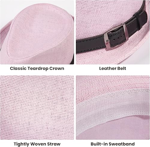 Miniatura 4 de Simplicity Sombrero de paja Trilby Fedora estilo Panamá con cinturón de cuero