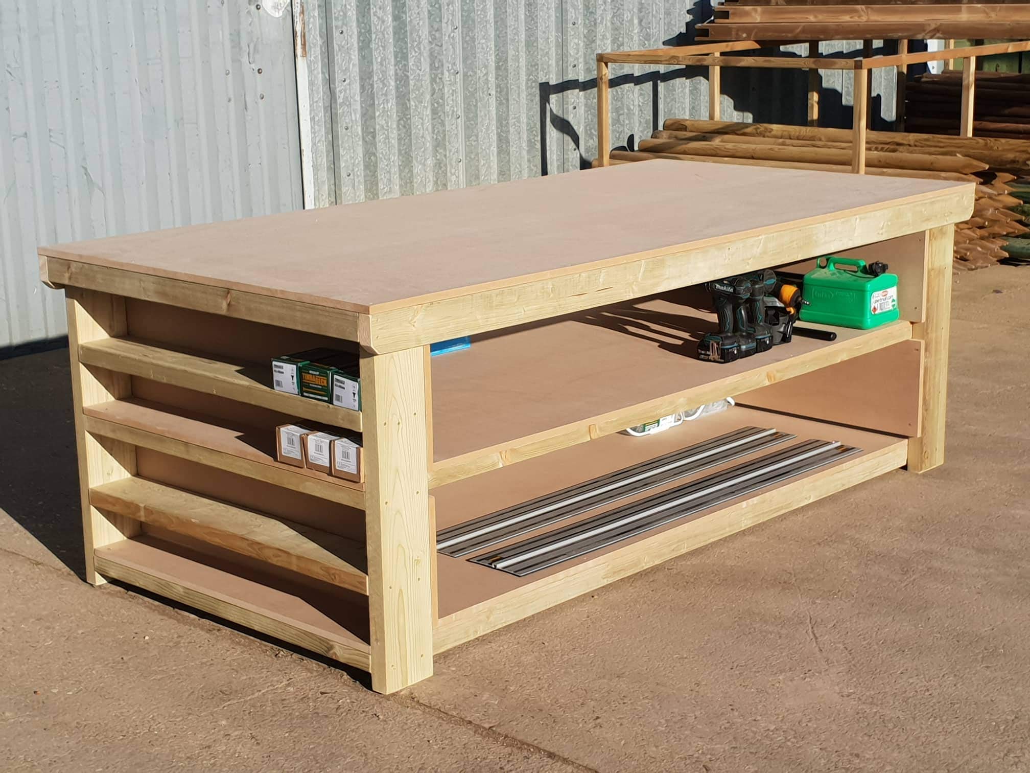 Wooden MDF Top Workbench With Two Shelves And Extra Side Shelving 4ft